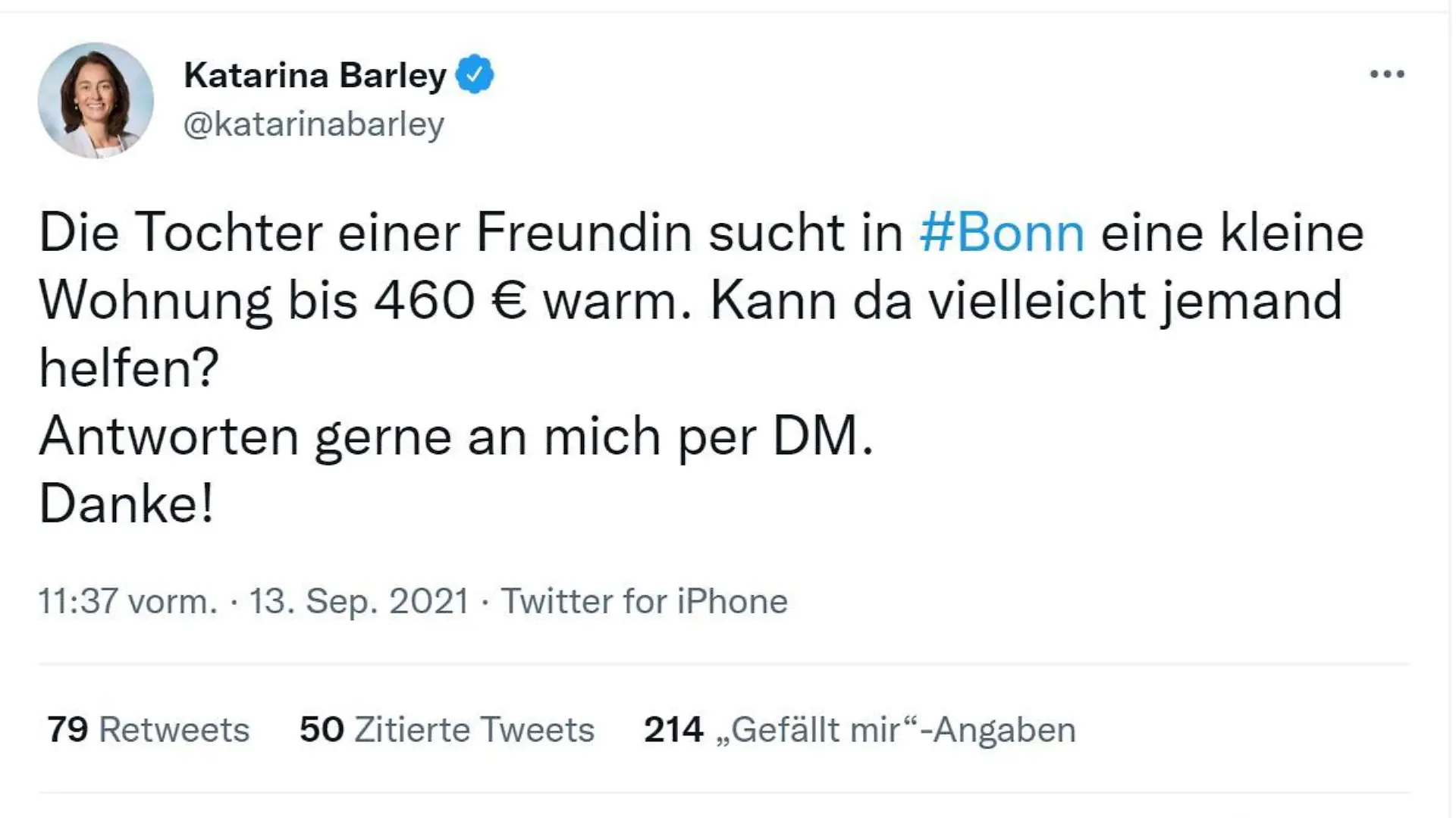 Katarina Barley, Tweet, 13.09.2021, Wohnungssuche für Freundin