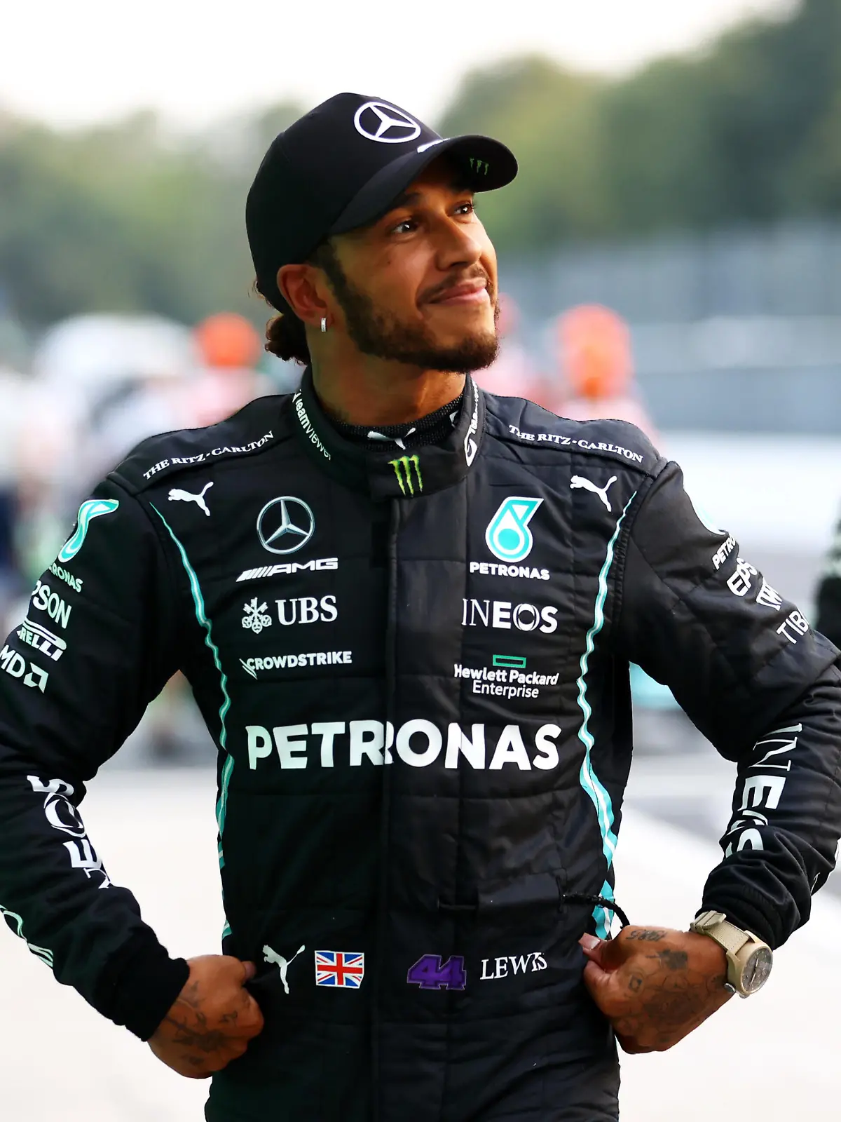 MONZA, ITALY - SEPTEMBER 10: Second place qualifier Lewis Hamilton of Great Britain and Mercedes GP looks on in parc ferme during qualifying ahead of the F1 Grand Prix of Italy at Autodromo di Monza on September 10, 2021 in Monza, Italy. (Photo by Bryn Lennon/Getty Images)