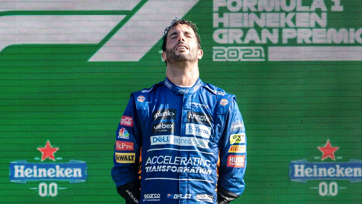 Daniel Ricciardo, Mclaren, wins the race and celebrate on the podium