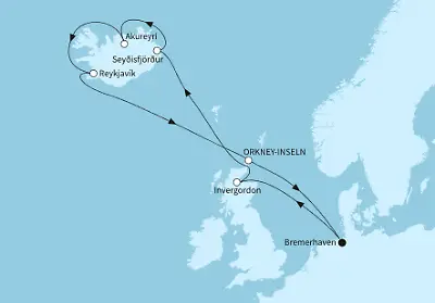 Zwölf Nächte Kreuzfahrt „Islands Naturwunder“ ab/bis Bremerhaven