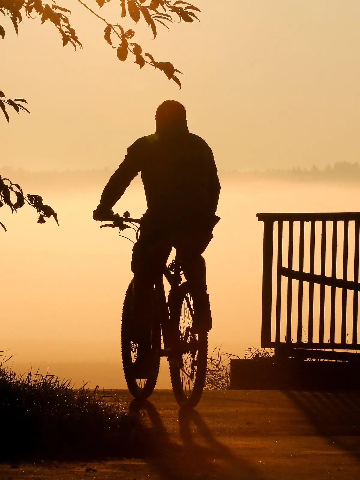 03.09.2021, Baden-Württemberg, Riedlingen: Ein Radfahrer fährt am Morgen im Gegenlicht der Sonne über eine Brücke. Foto: Thomas Warnack/dpa +++ dpa-Bildfunk +++