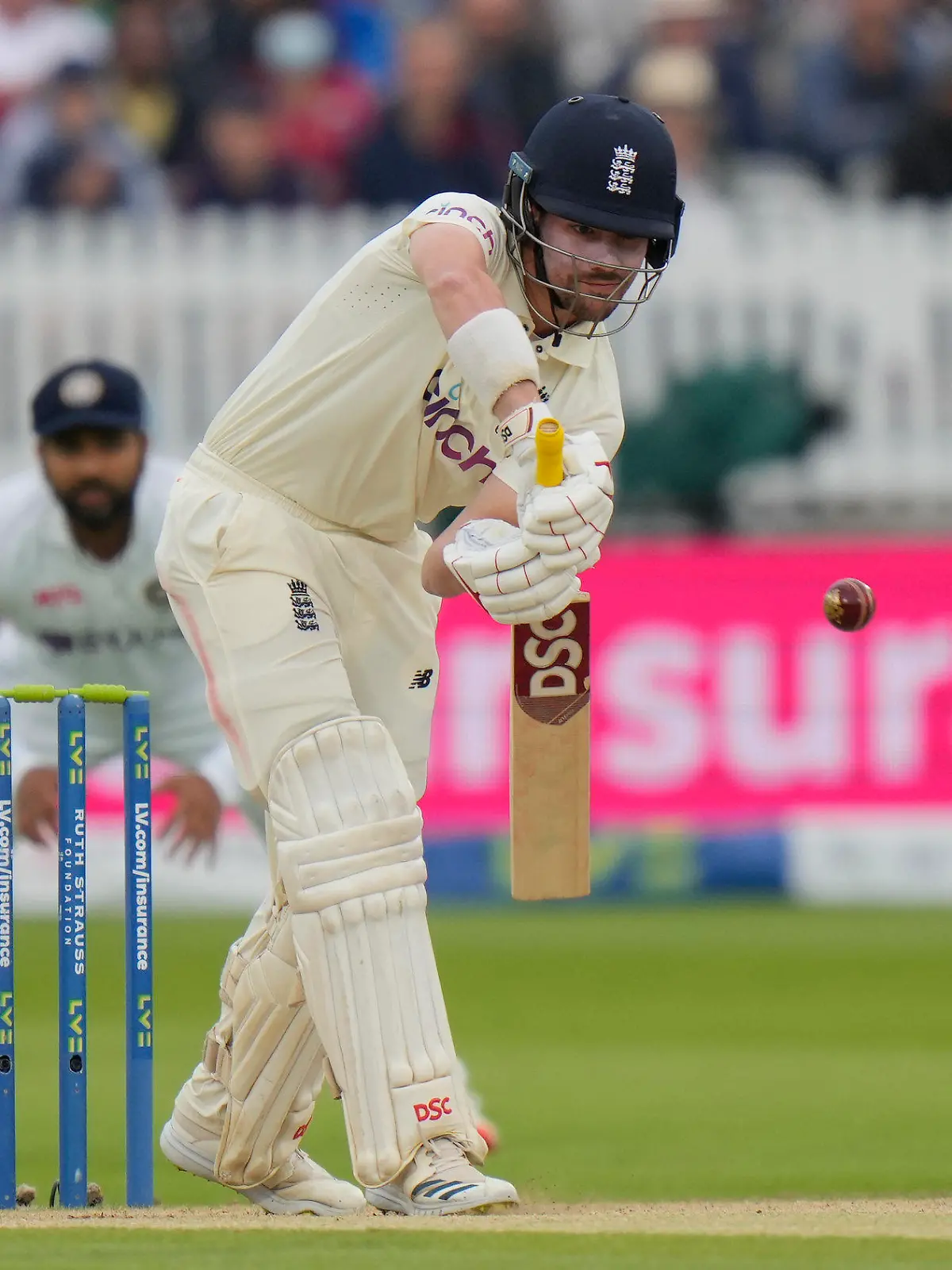England's Rory Burns plays a shot off the bowling India's Jasprit Bumrah during the fifth day of the 2nd cricket test between England and India at Lord's cricket ground in London, Monday, Aug. 16, 2021. (AP Photo/Alastair Grant)