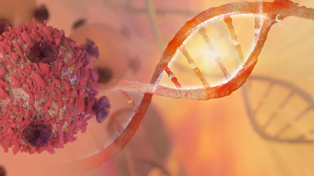 DNA strand and Cancer Cell Oncology Research Concept 3D rendering
