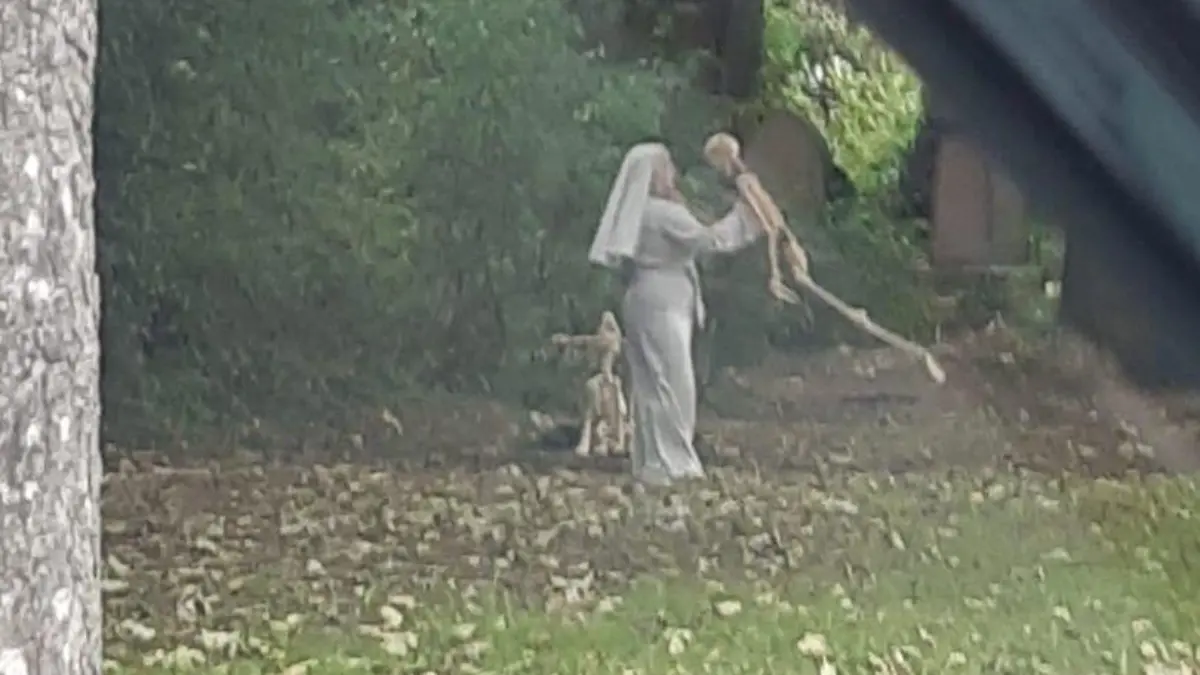 The odd site of a nun and a skeleton which confronted drivers on Spring Bank West outside the old Hull General Cemetery