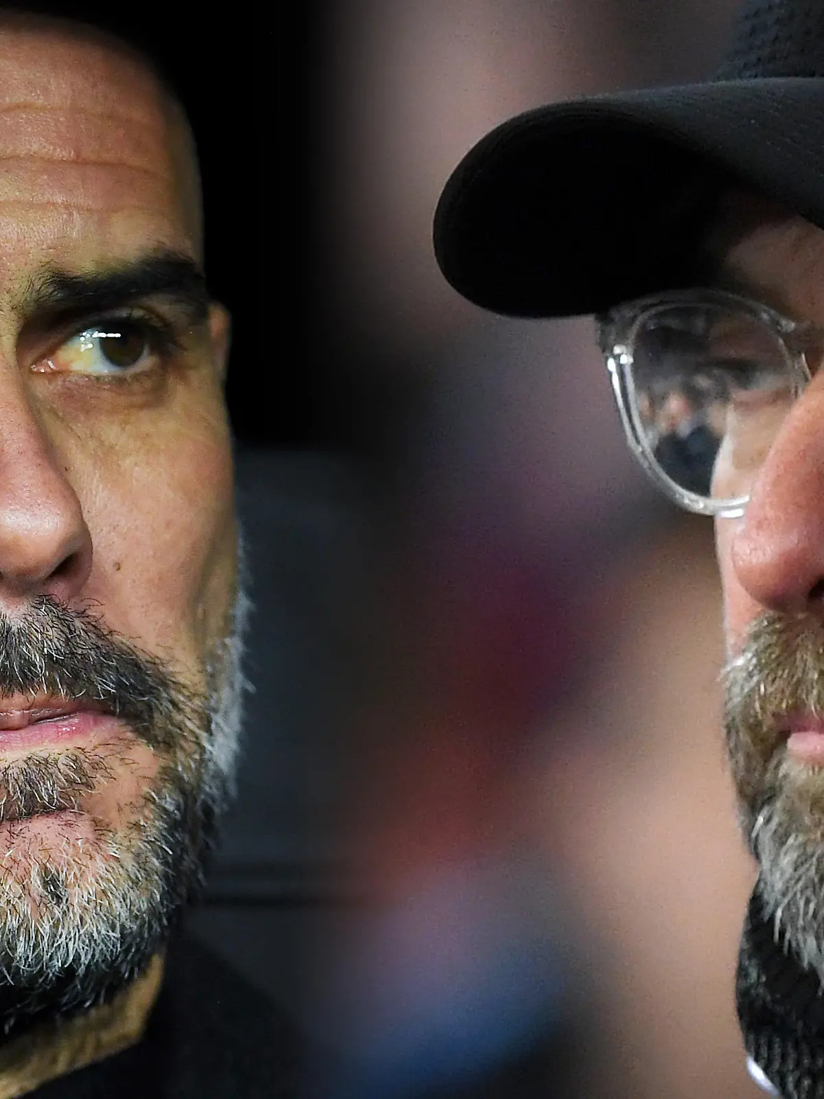FILE PHOTO (EDITORS NOTE: COMPOSITE OF IMAGES - Image numbers 1208913670, 1076708990 - GRADIENT ADDED) In this composite image a comparison has been made between Josep Guardiola, manager of Manchester City FC (L) and Jurgen Klopp, Manager of Liverpool. Manchester City and Liverpool meet in a Premier League fixture at the Etihad Stadium on July 2,2020 in Manchester,England. ***LEFT IMAGE*** MADRID, SPAIN - FEBRUARY 26: Josep Guardiola, manager of Manchester City FC looks on during the UEFA Champions League round of 16 first leg match between Real Madrid and Manchester City at Bernabeu on February 26, 2020 in Madrid, Spain. (Photo by David Ramos/Getty Images) ***RIGHT IMAGE*** MANCHESTER, ENGLAND - JANUARY 03: Jurgen Klopp, Manager of Liverpool looks on prior to the Premier League match between Manchester City and Liverpool FC at the Etihad Stadium on January 3, 2019 in Manchester, United Kingdom. (Photo by Shaun Botterill/Getty Images)