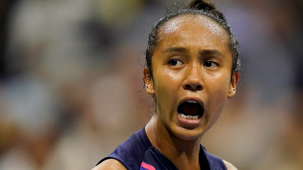 Leylah Fernandez, of Canada, reacts after scoring a point against Aryna Sabalenka,of Belarus, during the semifinals of the US Open tennis championships, Thursday, Sept. 9, 2021, in New York. (AP Photo/Seth Wenig)
