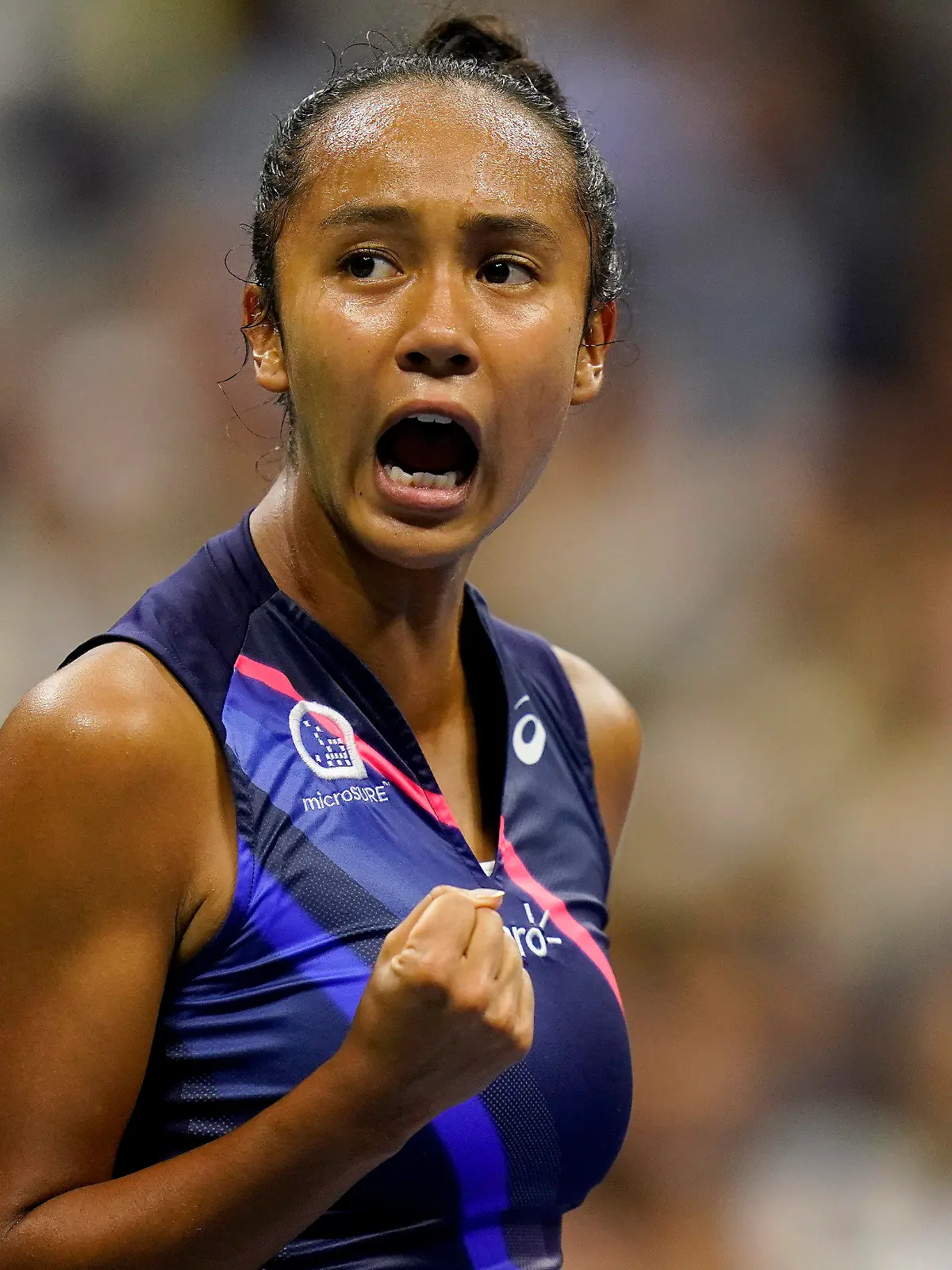 Leylah Fernandez, of Canada, reacts after scoring a point against Aryna Sabalenka,of Belarus, during the semifinals of the US Open tennis championships, Thursday, Sept. 9, 2021, in New York. (AP Photo/Seth Wenig)