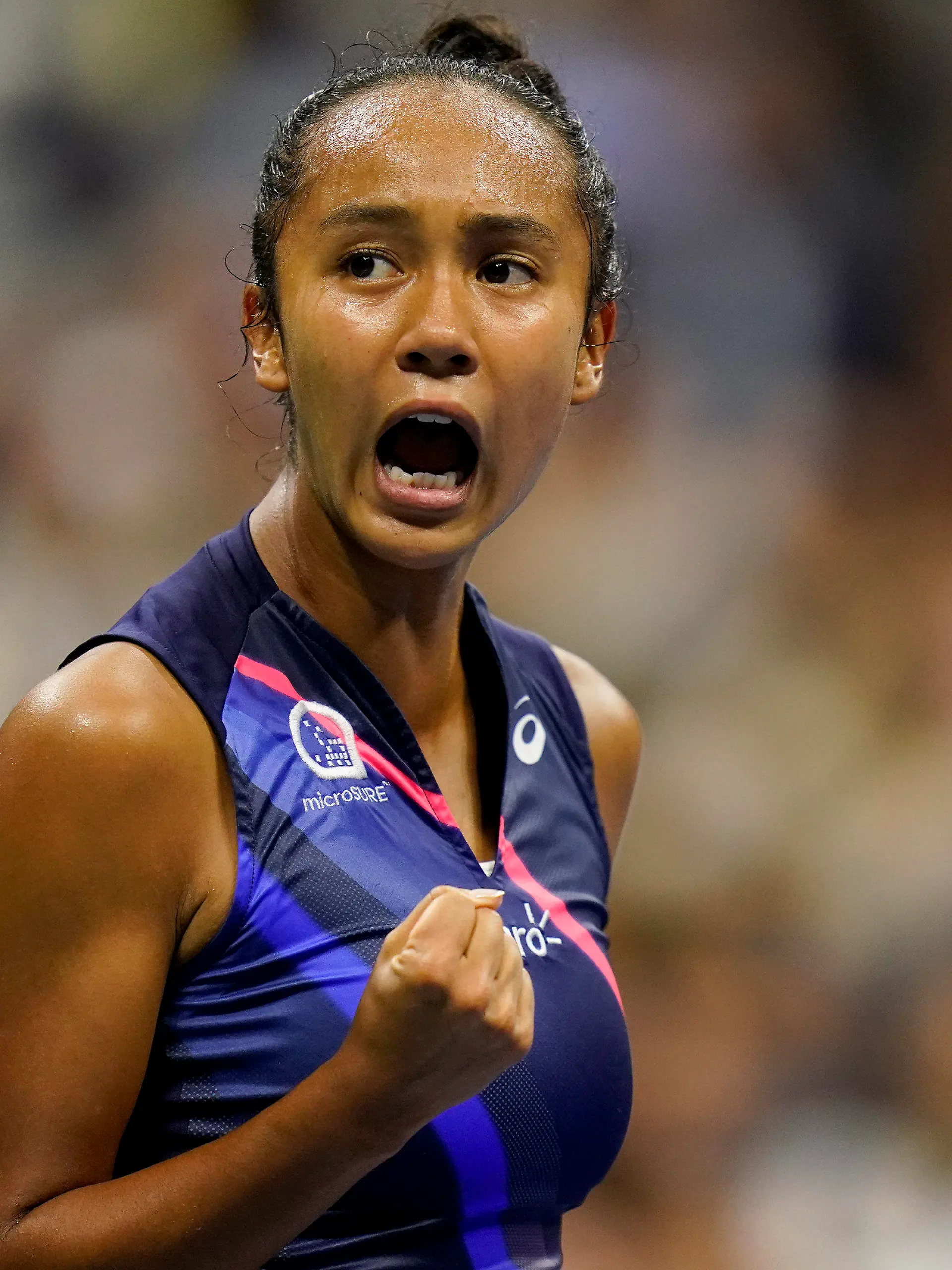 Leylah Fernandez, of Canada, reacts after scoring a point against Aryna Sabalenka,of Belarus, during the semifinals of the US Open tennis championships, Thursday, Sept. 9, 2021, in New York. (AP Photo/Seth Wenig)