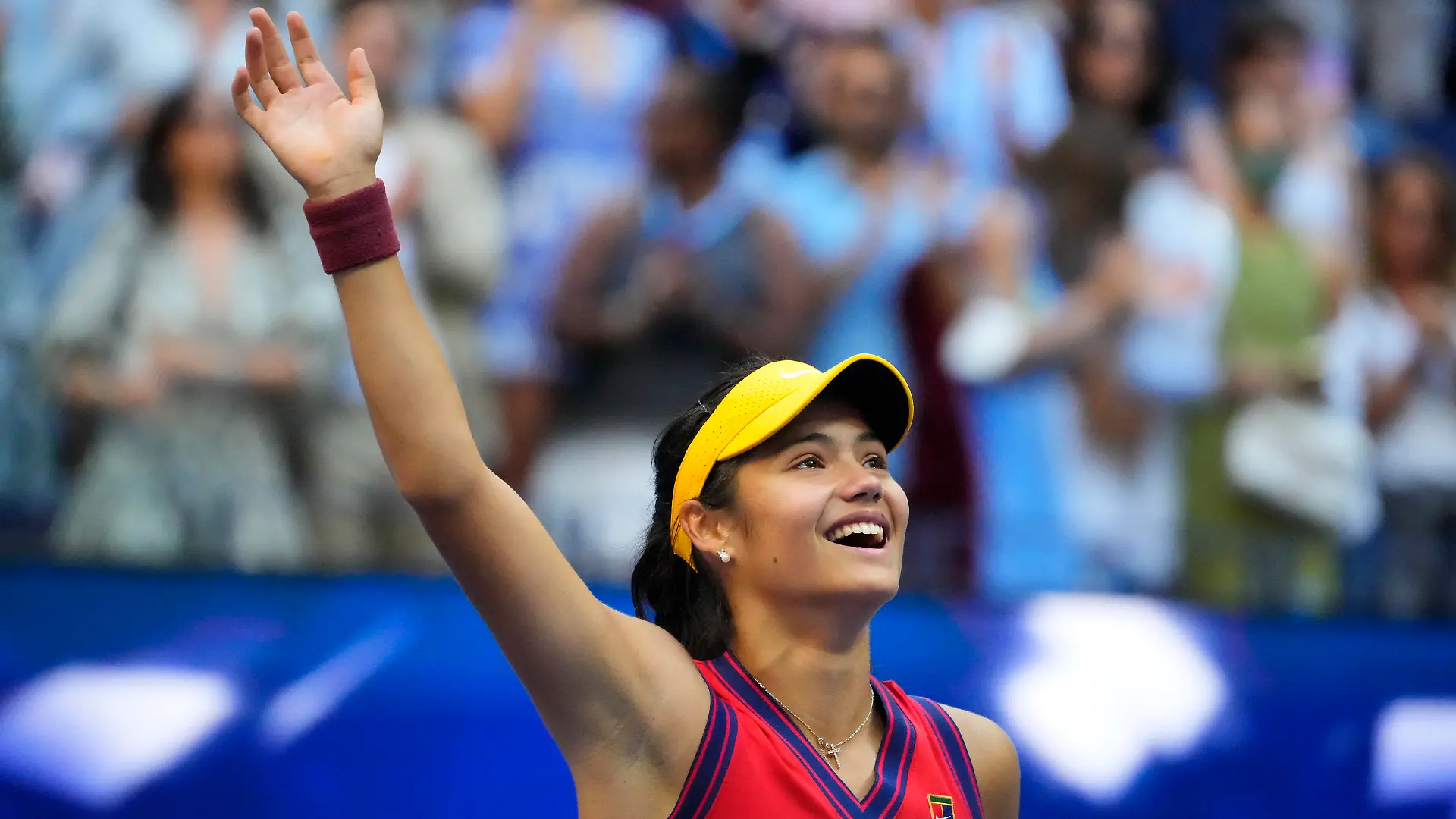 Sep 11, 2021; Flushing, NY, USA; Emma Raducanu of Great Britain celebrates after her match against Leylah Fernandez of Canada (not pictured) in the women's singles final on day thirteen of the 2021 U.S. Open tennis tournament at USTA Billie Jean King National Tennis Center. Mandatory Credit: Robert Deutsch-USA TODAY Sports