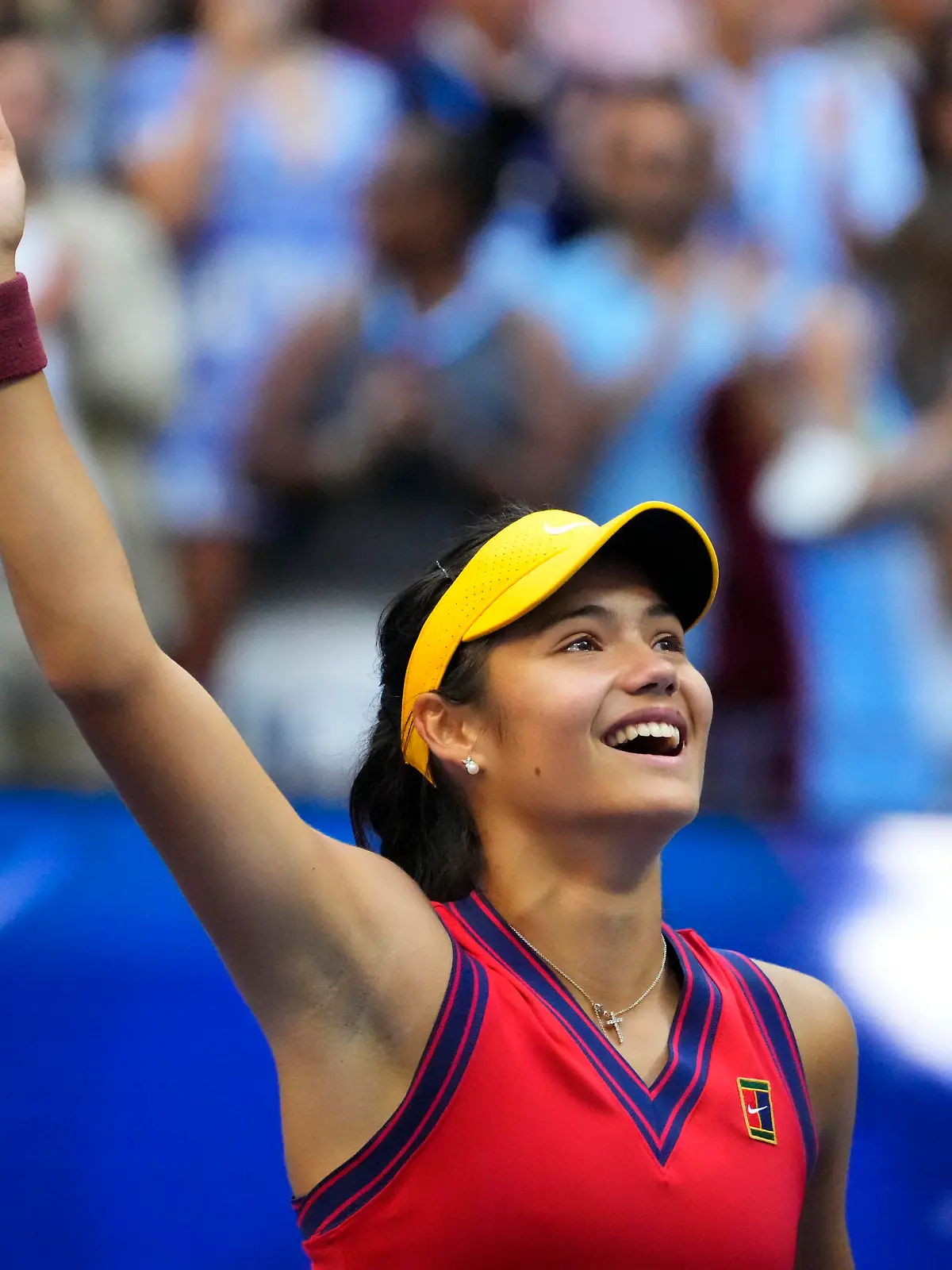 Sep 11, 2021; Flushing, NY, USA; Emma Raducanu of Great Britain celebrates after her match against Leylah Fernandez of Canada (not pictured) in the women's singles final on day thirteen of the 2021 U.S. Open tennis tournament at USTA Billie Jean King National Tennis Center. Mandatory Credit: Robert Deutsch-USA TODAY Sports