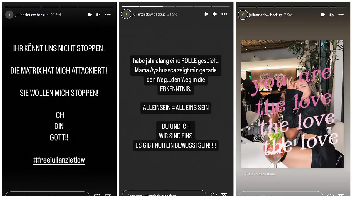Auch Stories findet man unter Julian Zietlows vermeintlichem Ersatz-Account schon.