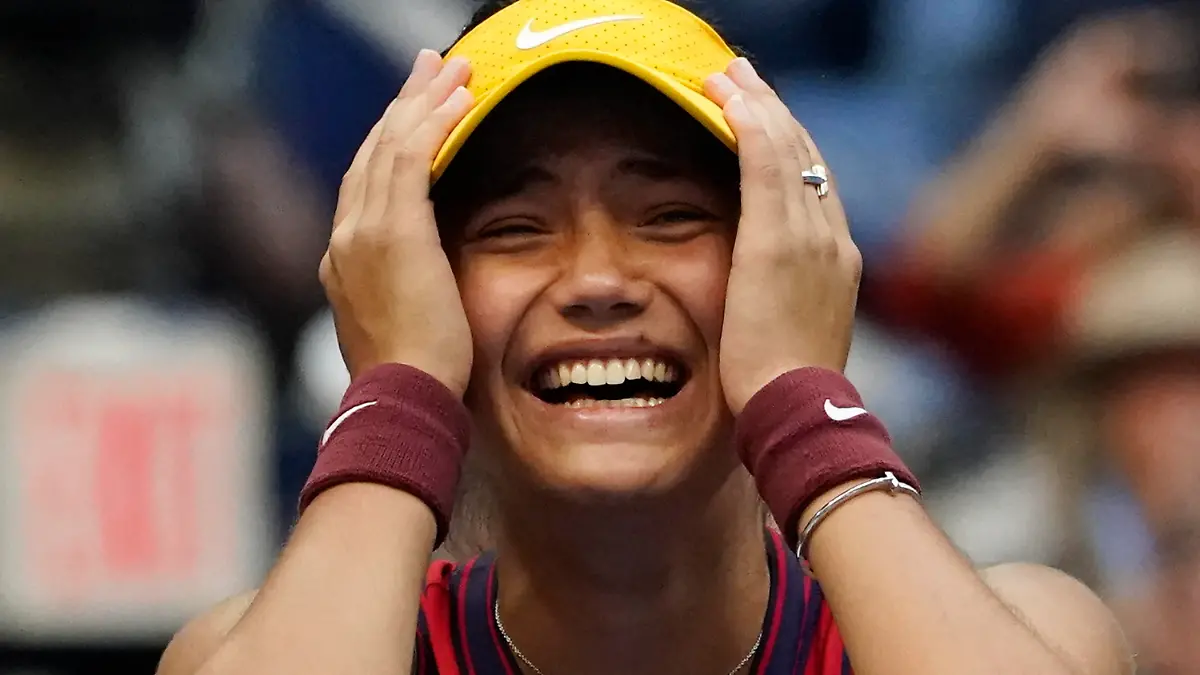 Emma Raducanu, of Britain, reacts after defeating Leylah Fernandez, of Canada, during the women's singles final of the US Open tennis championships, Saturday, Sept. 11, 2021, in New York. (AP Photo/Elise Amendola)