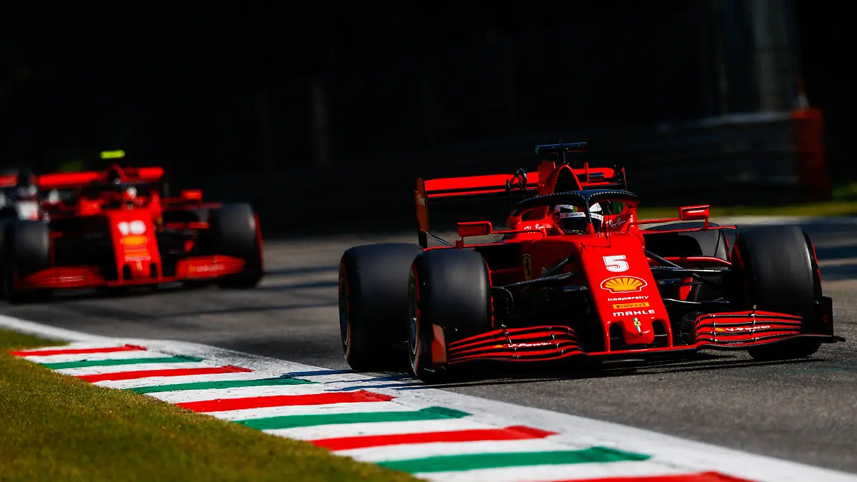2020 Italian GP AUTODROMO NAZIONALE MONZA, ITALY - SEPTEMBER 05: Sebastian Vettel, Ferrari SF1000, leads Charles Leclerc, Ferrari SF1000 during the Italian GP at Autodromo Nazionale Monza on Saturday September 05, 2020 in Monza, Italy. Photo by Andy Hone / LAT Images Images PUBLICATIONxINxGERxSUIxAUTxHUNxONLY GP2008_102400_ONZ8931 