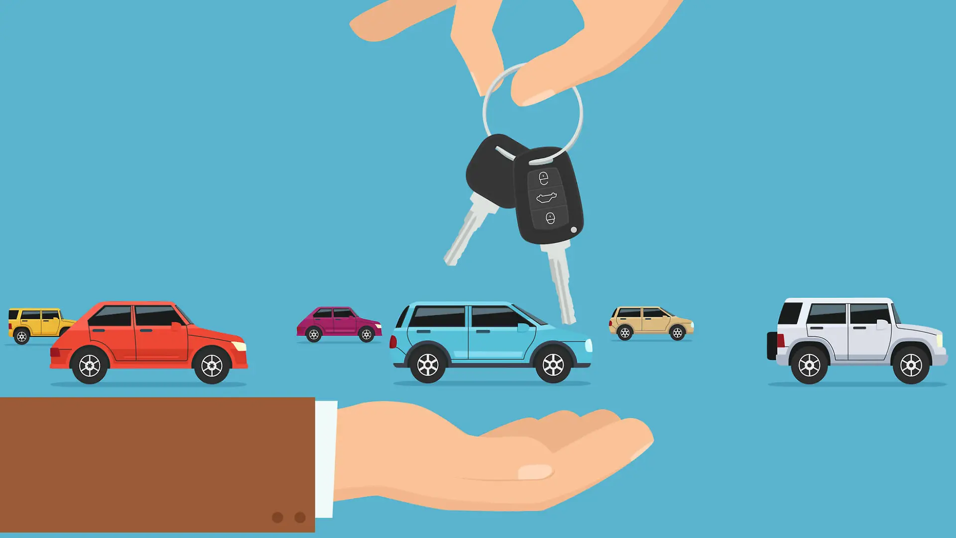 Person gives apartment keys to another person. Concept transfer automobile keys.