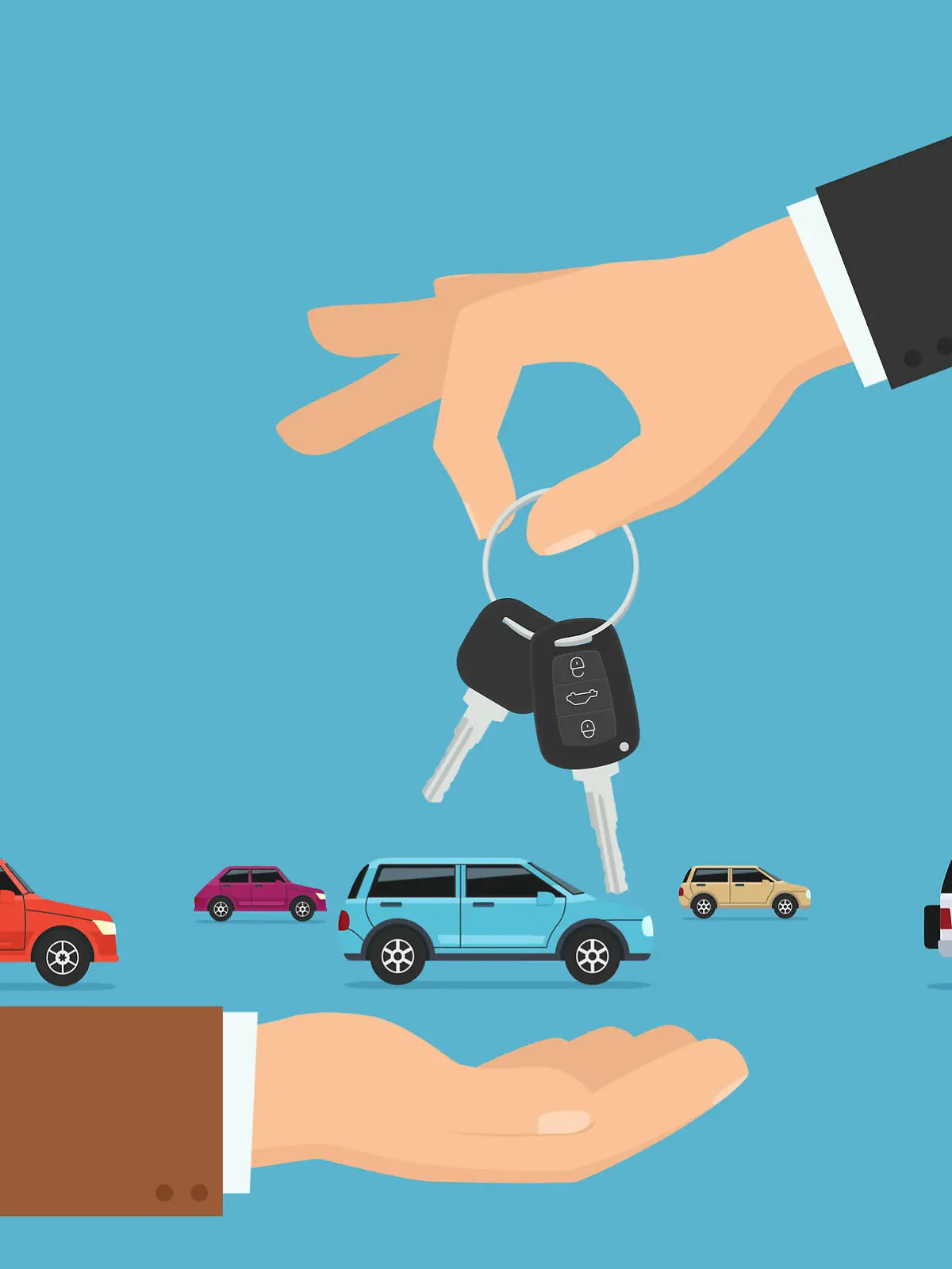 Person gives apartment keys to another person. Concept transfer automobile keys.