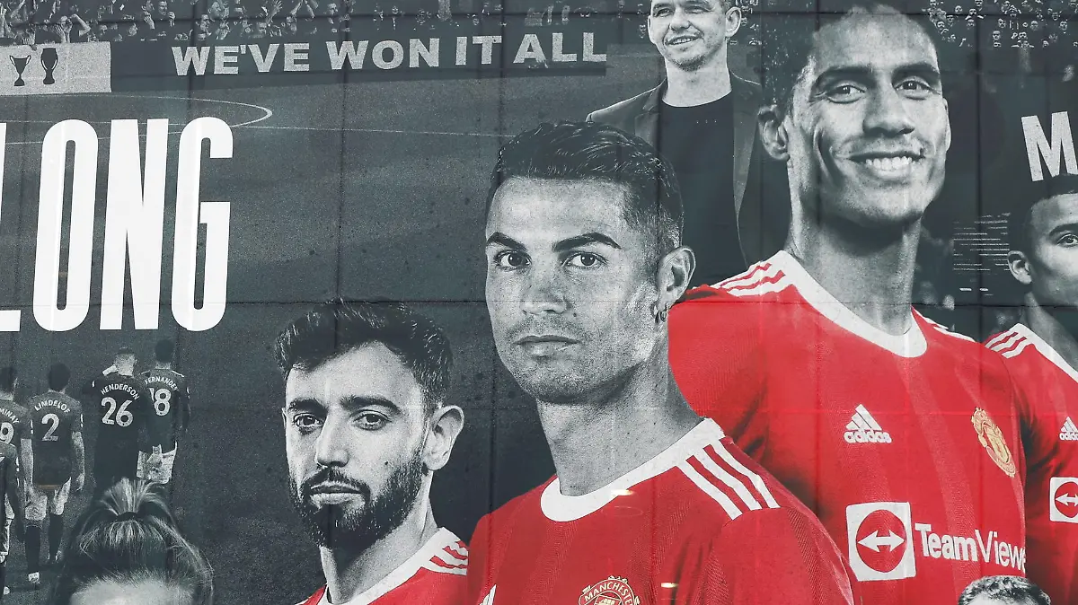 FILE PHOTO: Soccer Football - A picture of Cristiano Ronaldo with teammates is displayed on the outside of Old Trafford - Old Trafford, Manchester, Britain - September 9, 2021 A picture of Cristiano Ronaldo with team mates is seen on the outside of Old Trafford REUTERS/Phil Noble/File Photo