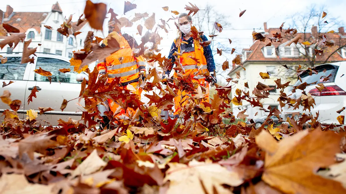 02.11.2020, Niedersachsen, Hannover: Zwei Mitarbeiterinnen vom aha Zweckverband Abfallwirtschaft in der Region Hannover befreien einen Radweg im Stadtteil List mit Laubbläsern vom Herbstlaub. Foto: Hauke-Christian Dittrich/dpa +++ dpa-Bildfunk +++