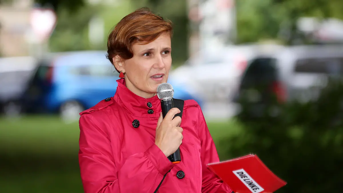 Katja Kipping von der Partei Die Linke bei ihrem Wahlkampfstart zur Bundestagswahl 2021 auf dem Friedrich-List-Platz. Dresden, 17.08.2021