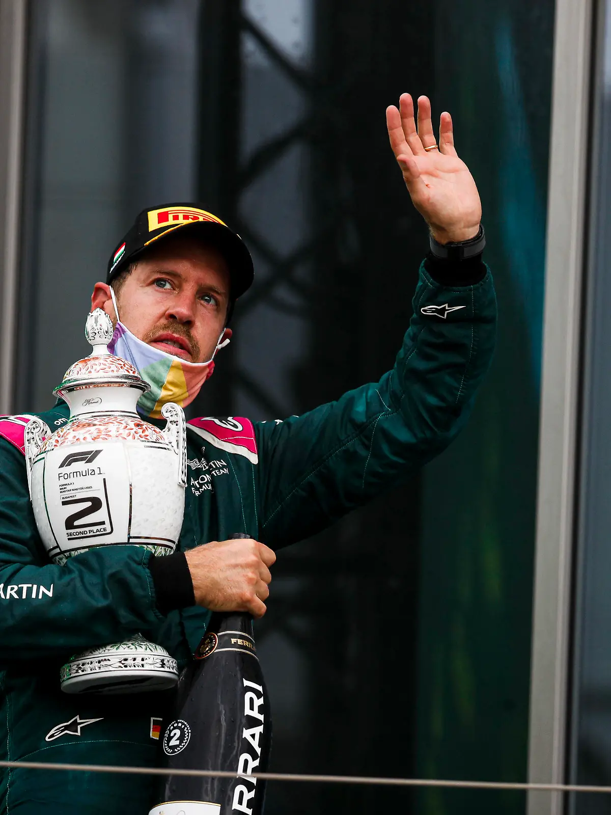 Formula 1 2021: Hungarian GP HUNGARORING, HUNGARY - AUGUST 01: Sebastian Vettel, Aston Martin, 2nd position, with his trophy during the Hungarian GP at Hungaroring on Sunday August 01, 2021 in Budapest, Hungary. Photo by Charles Coates / LAT Images Images PUBLICATIONxINxGERxSUIxAUTxHUNxONLY GP2111_152918_09I8955 