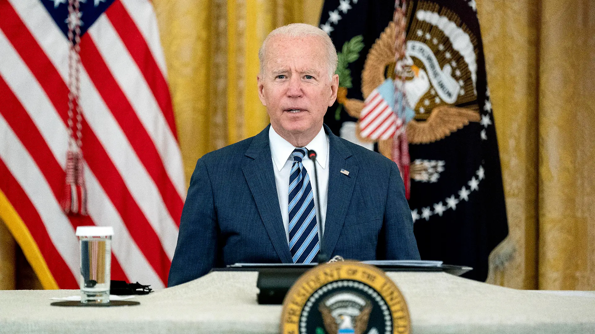  United States President Joe Biden speaks during a meeting in the East Room of the White House in Washington, D.C., U.S., on Wednesday, August 25, 2021. Chief executives from across the business world are joining Biden for a discussion on how industry and the federal government can partner to improve cybersecurity in the face of debilitating ransomware and cyberattacks. PUBLICATIONxNOTxINxUSA Copyright: xPoolxviaxCNPx/MediaPunchx