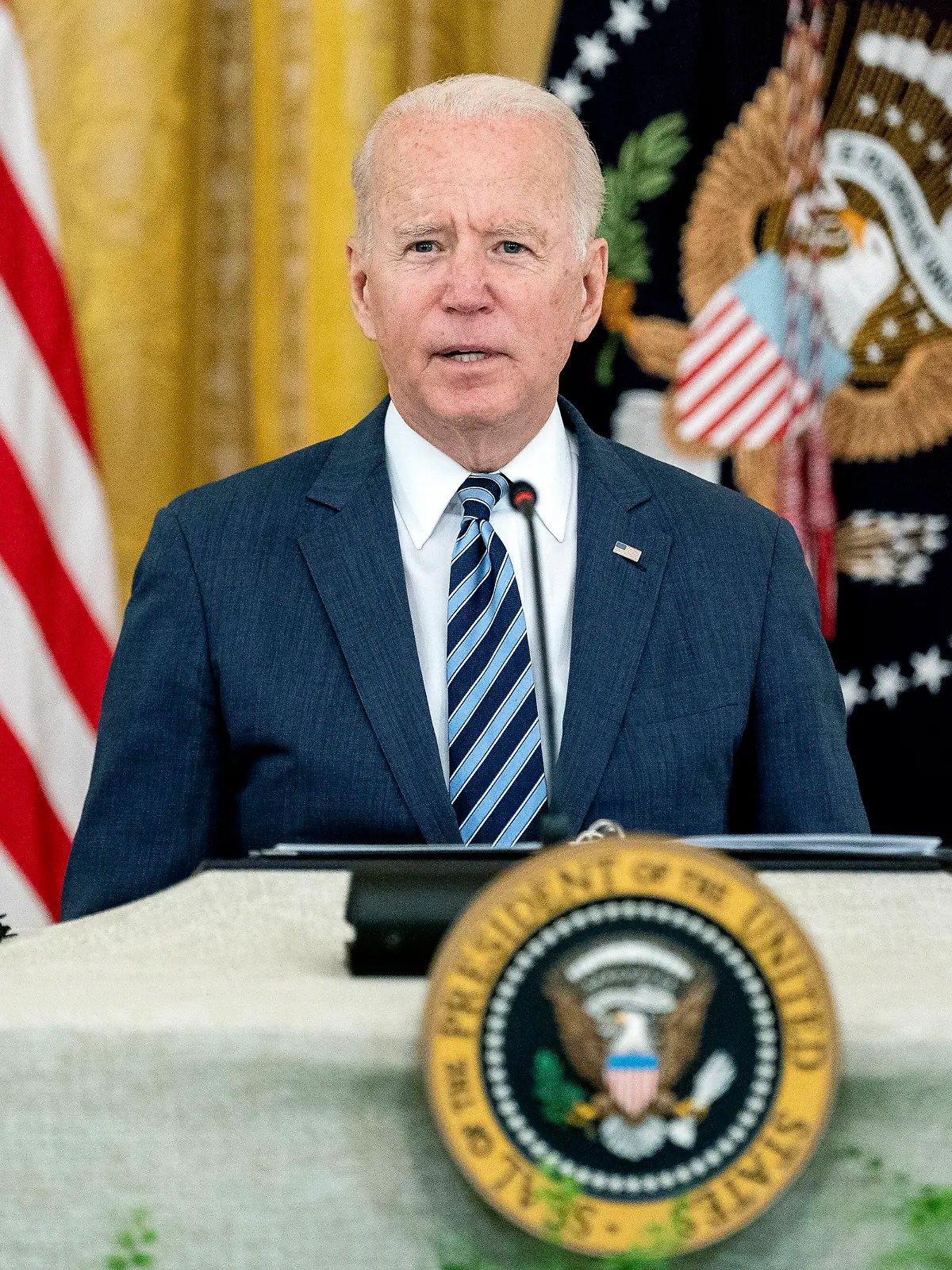  United States President Joe Biden speaks during a meeting in the East Room of the White House in Washington, D.C., U.S., on Wednesday, August 25, 2021. Chief executives from across the business world are joining Biden for a discussion on how industry and the federal government can partner to improve cybersecurity in the face of debilitating ransomware and cyberattacks. PUBLICATIONxNOTxINxUSA Copyright: xPoolxviaxCNPx/MediaPunchx