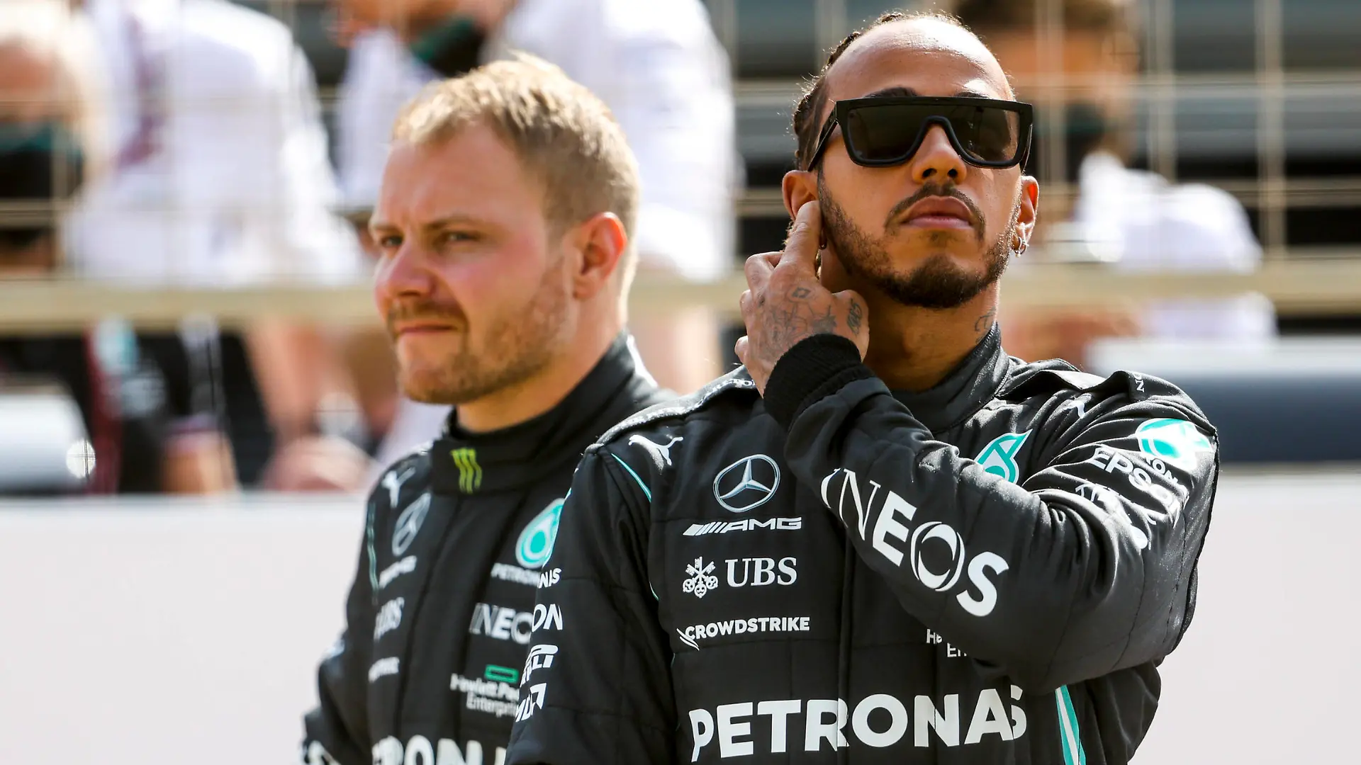  77 Valtteri Bottas FIN, Mercedes-AMG Petronas F1 Team, 44 Lewis Hamilton GBR, Mercedes-AMG Petronas F1 Team, F1 Pre-season Testing at Bahrain International Circuit on March 12, 2021 in Sakhir, Bahrain. Photo by HOCH ZWEI Sakhir Bahrain *** 77 Valtteri Bottas FIN, Mercedes AMG Petronas F1 Team , 44 Lewis Hamilton GBR, Mercedes AMG Petronas F1 Team , F1 Pre season Testing at Bahrain International Circuit on March 12, 2021 in Sakhir, Bahrain Photo by HOCH ZWEI Sakhir Bahrain