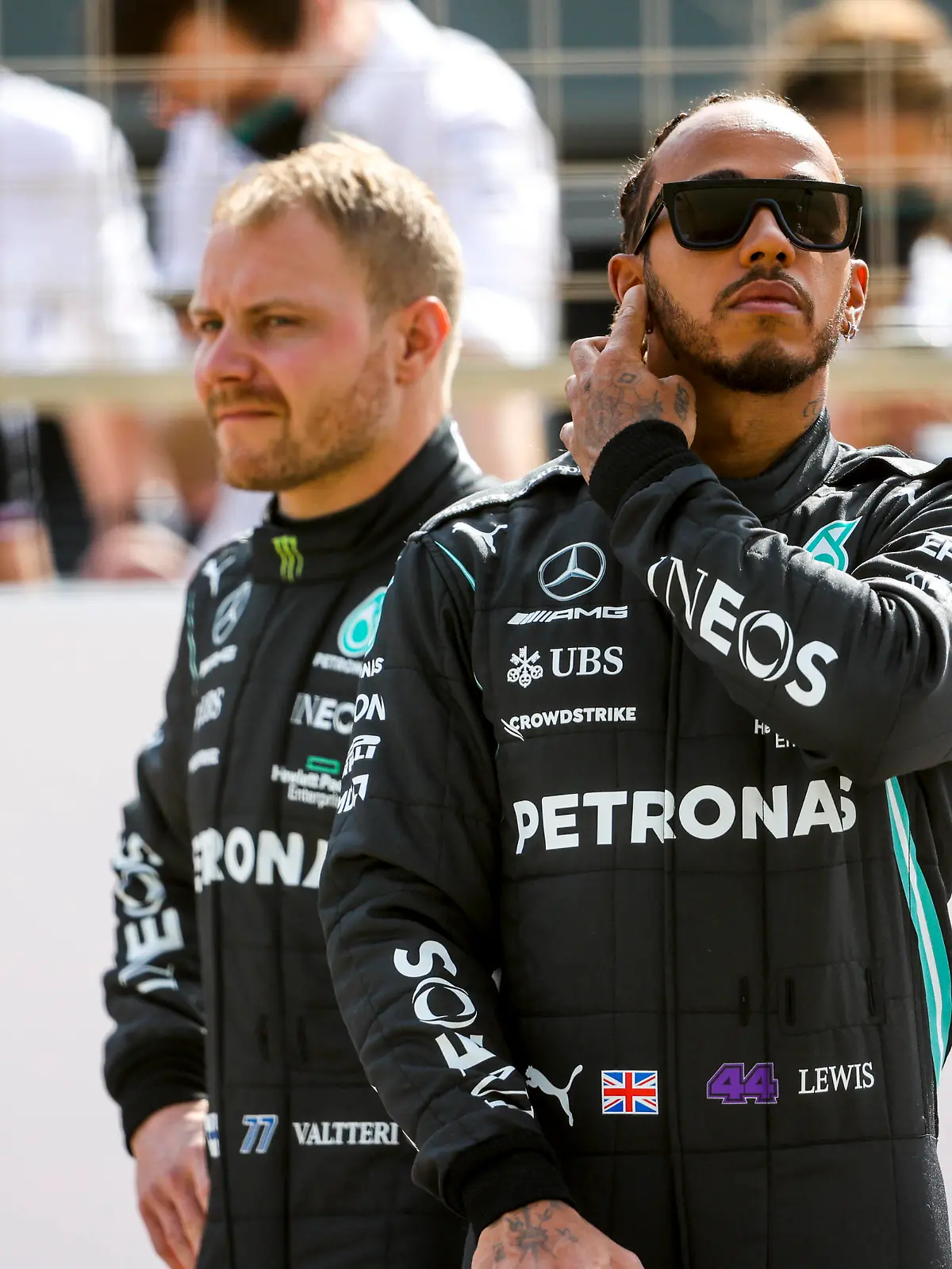  77 Valtteri Bottas FIN, Mercedes-AMG Petronas F1 Team, 44 Lewis Hamilton GBR, Mercedes-AMG Petronas F1 Team, F1 Pre-season Testing at Bahrain International Circuit on March 12, 2021 in Sakhir, Bahrain. Photo by HOCH ZWEI Sakhir Bahrain *** 77 Valtteri Bottas FIN, Mercedes AMG Petronas F1 Team , 44 Lewis Hamilton GBR, Mercedes AMG Petronas F1 Team , F1 Pre season Testing at Bahrain International Circuit on March 12, 2021 in Sakhir, Bahrain Photo by HOCH ZWEI Sakhir Bahrain