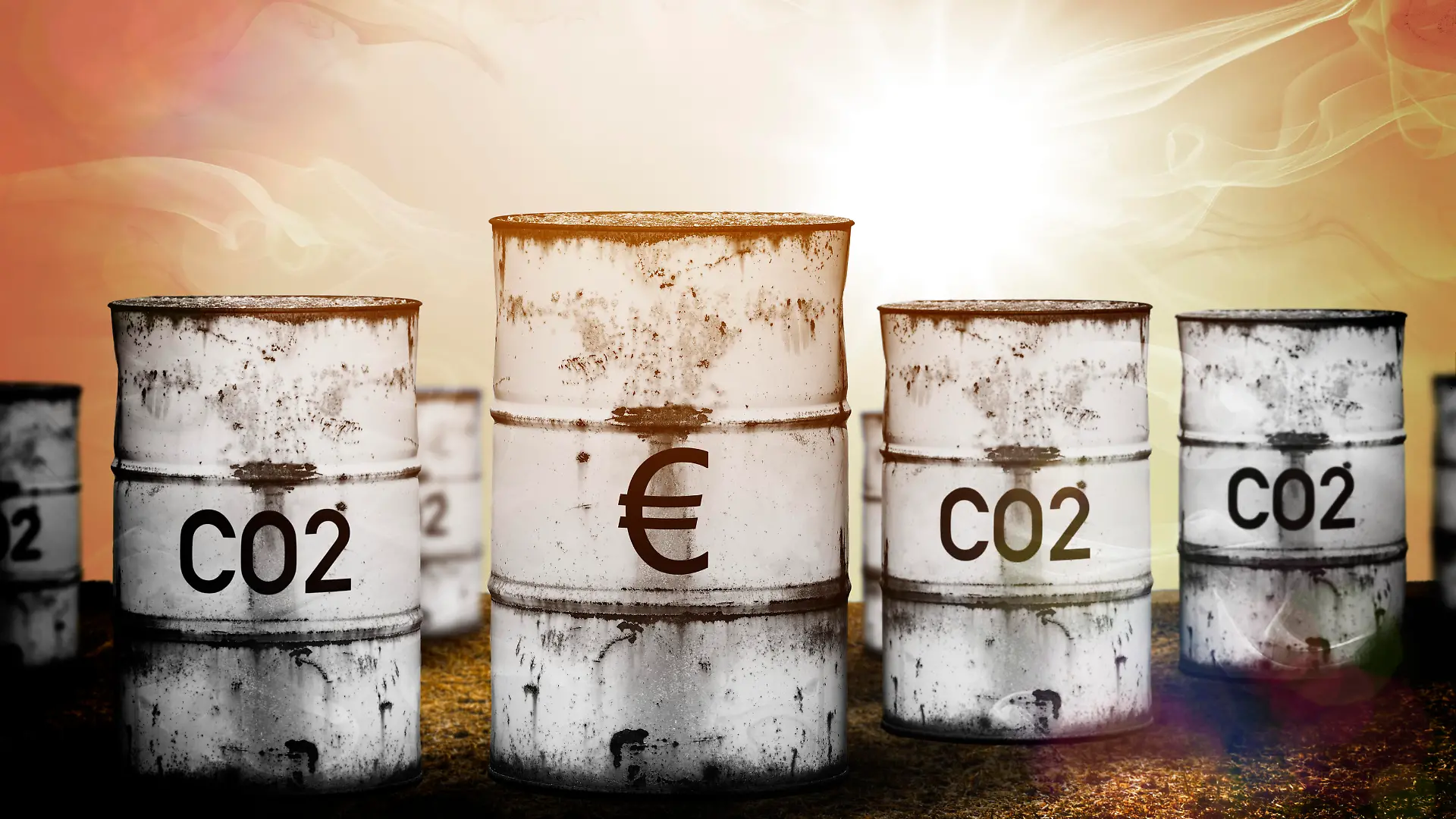 FOTOMONTAGE, Tonnen mit Aufschrift CO2 und Eurozeichen, Symbolfoto Klimawende und CO2-Bepreisung PHOTOMONTAGE, tons with inscription CO2 and Euro sign, symbol photo climate change and CO2 pricing