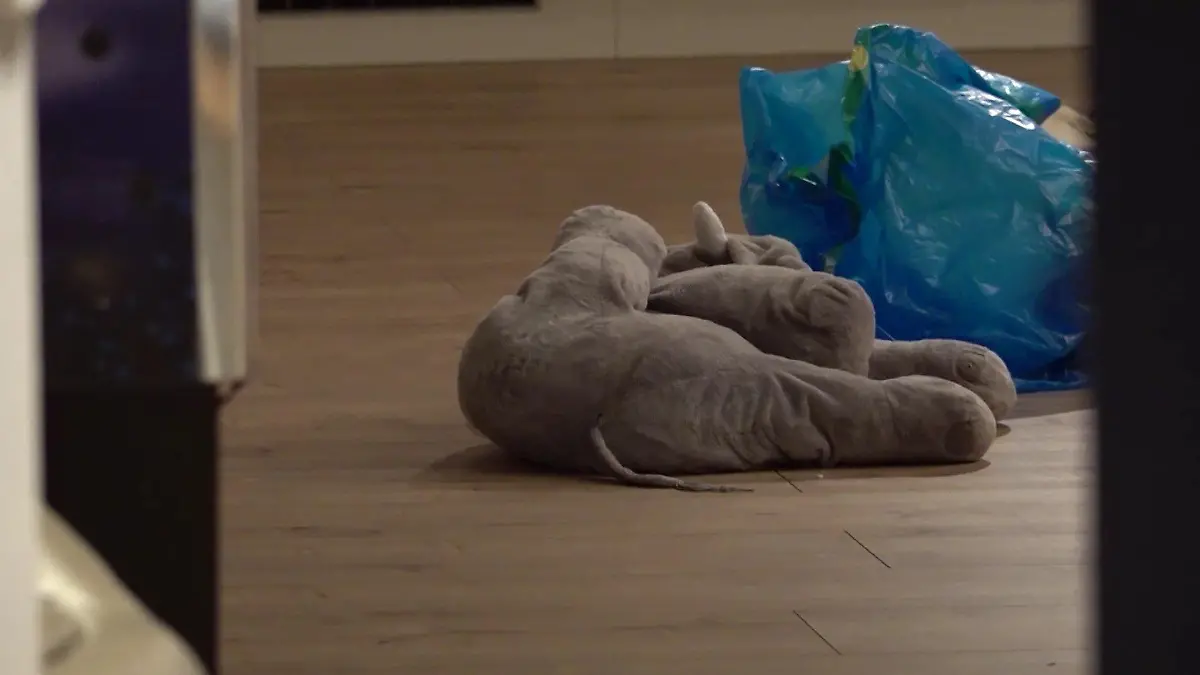 Ein Stofftier liegt am Tatort in der Wohnung in Herten auf dem Boden.