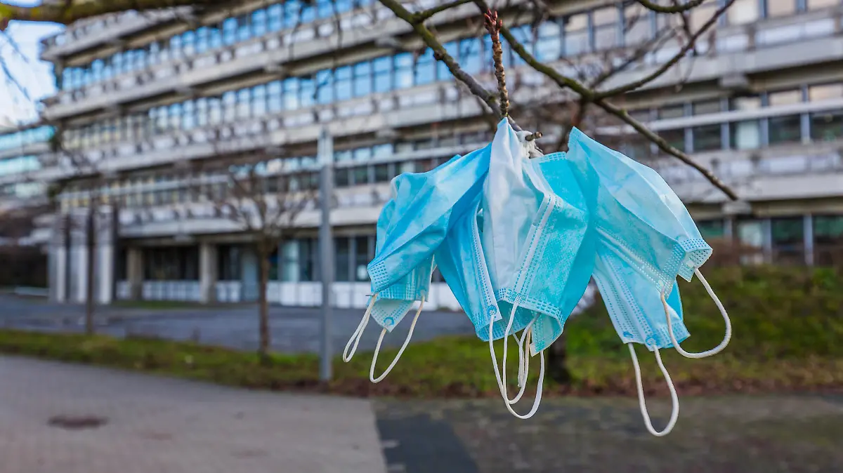 used covid masks hanging from a tree