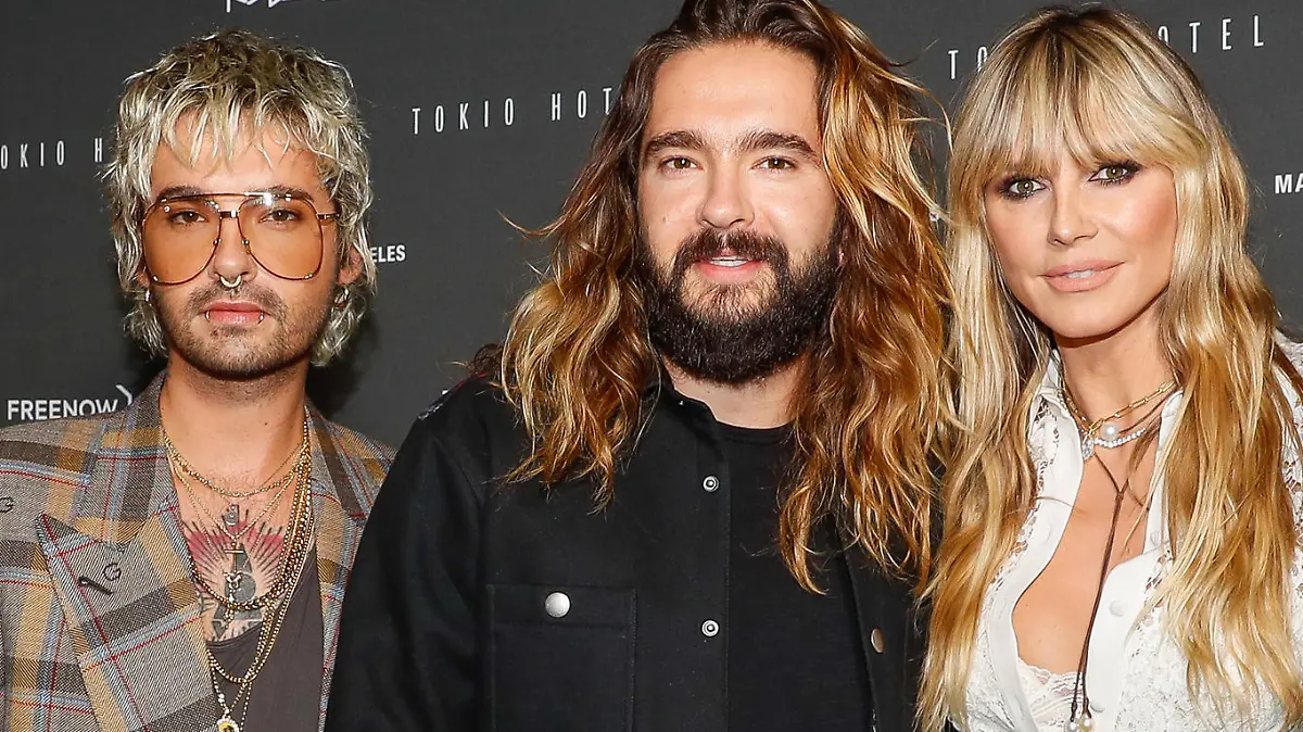 Georg Listing (l-r), Bill Kaulitz, Tom Kaulitz, Heidi Klum und Gustav Schäfer kommen zum Tokio Hotel-Event in Berlin. Am Freitag veröffentlicht Tokio Hotel die neue Single "Here comes The Night" und gleichzeitig wird das zusammen mit einer Award Verleihung groß in Berlin gefeiert.