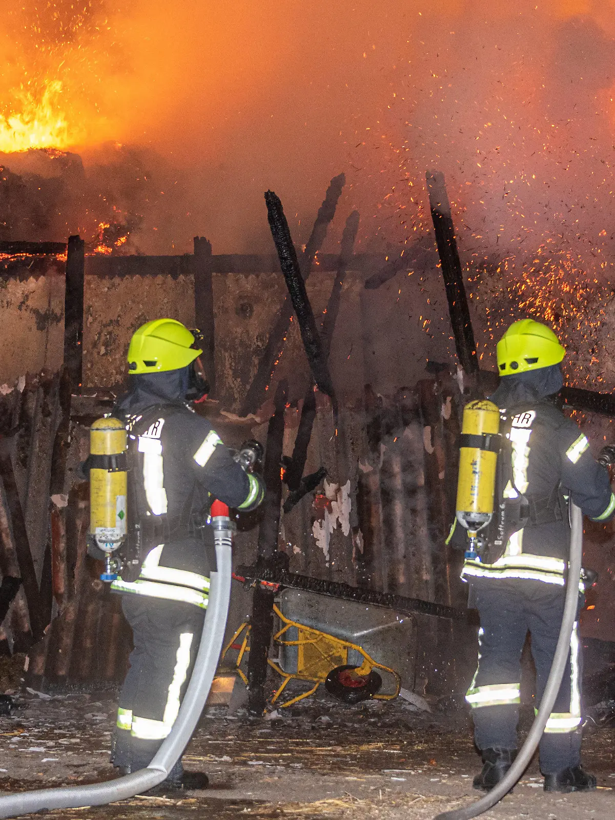 06.09.2021, Niedersachsen, Sottrum: Feuerwehrleute löschen einen Stallbrand. Rund 15 Rinder sind bei einem Feuer in einem Stall in Sottrum (Landkreis Rotenburg) gestorben. Ein Großteil der Rinderherde konnte in der Nacht zum Montag aber aus dem brennenden Stall gerettet werden, wie ein Polizeisprecher am Morgen mitteilte. Das mehr als 100 Jahre alte Gebäude hatte aus zunächst ungeklärten Gründen im Strohlagers des Obergeschosses Feuer gefangen und war komplett niedergebrannt. Foto: JOTO/dpa +++ dpa-Bildfunk +++