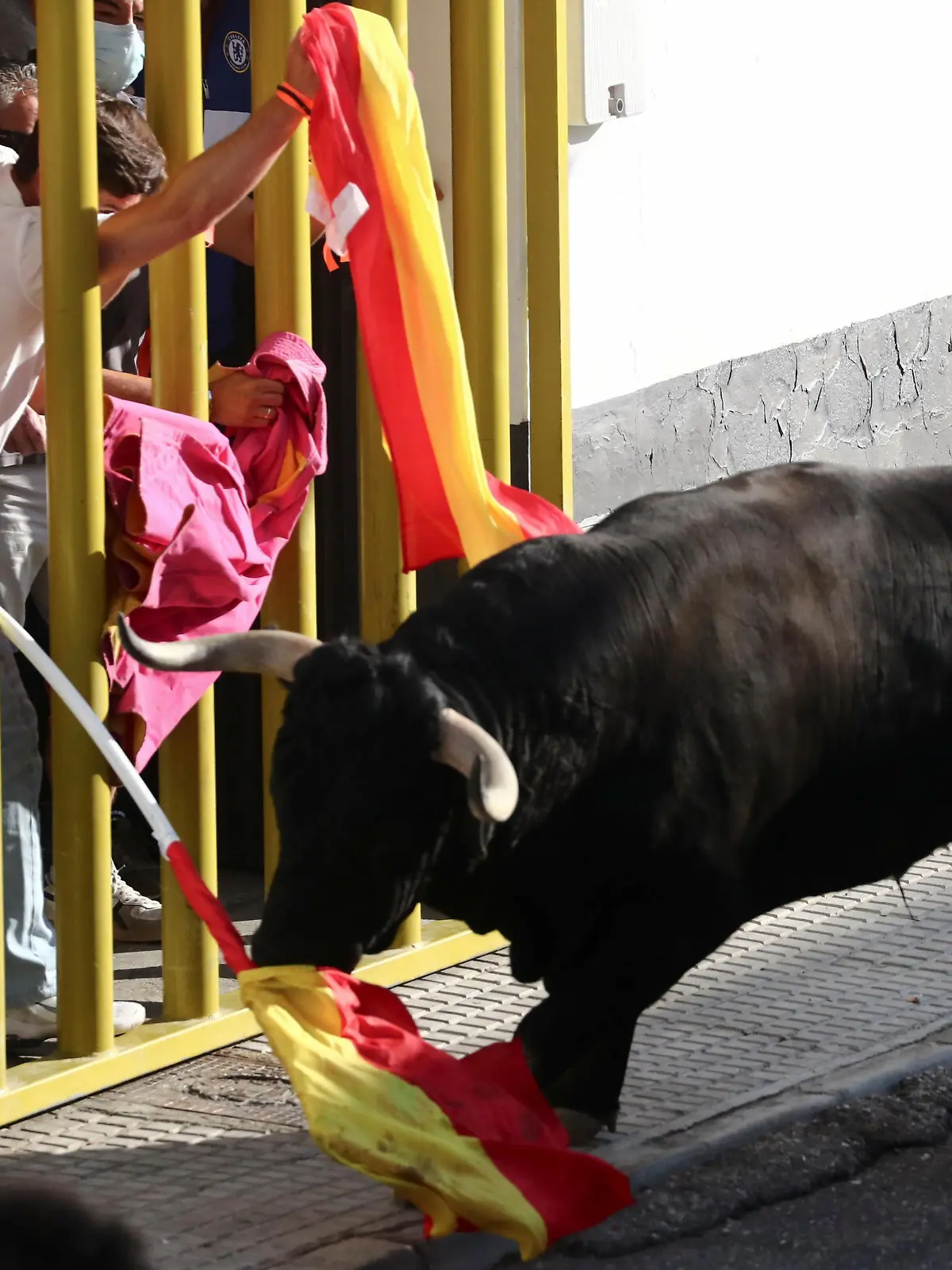 Revellers call a steer as they stand behind a barrier during the first running-of-the-bull festival since the coronavirus disease (COVID-19) pandemic began in Villaseca de la Sagra, central Spain, September 5, 2021. REUTERS/Sergio Perez