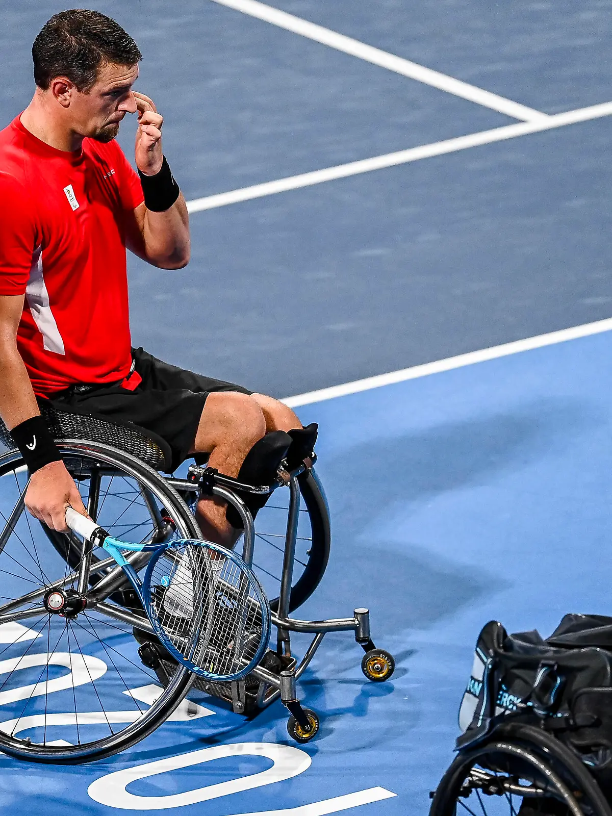 Belgian wheelchair tennis player Joachim Gerard looks dejected after losing a tennis match against Spanish Caverzachi, in the third round of the men s singles wheelchair tennis tournament, on the sixth day of the Tokyo 2020 Paralympic Games, Monday 30 August 2021, in Tokyo, Japan. The paralympic Games take place from the 24 August to the fifth of September. JASPERxJACOBS PUBLICATIONxINxGERxSUIxAUTxONLY x3077083x 