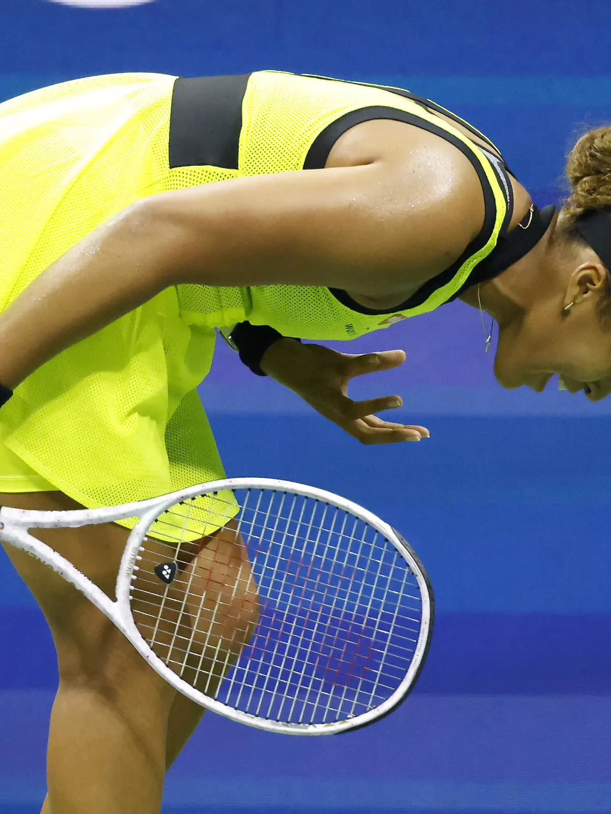 Naomi Osaka of Japan reacts after losing a point in the second set against Leylah Fernandez in Arthur Ashe Stadium in the third round of the 2021 US Open Tennis Championships at the USTA Billie Jean King National Tennis Center on Friday, September 3, 2021 in New York City. Photo by John Angelillo/UPI Photo via Newscom picture alliance