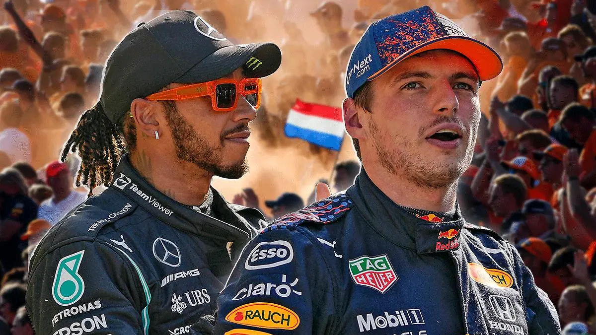 Bildkombo Lewis Hamilton und Max Verstappen vor Oranje-Fans.