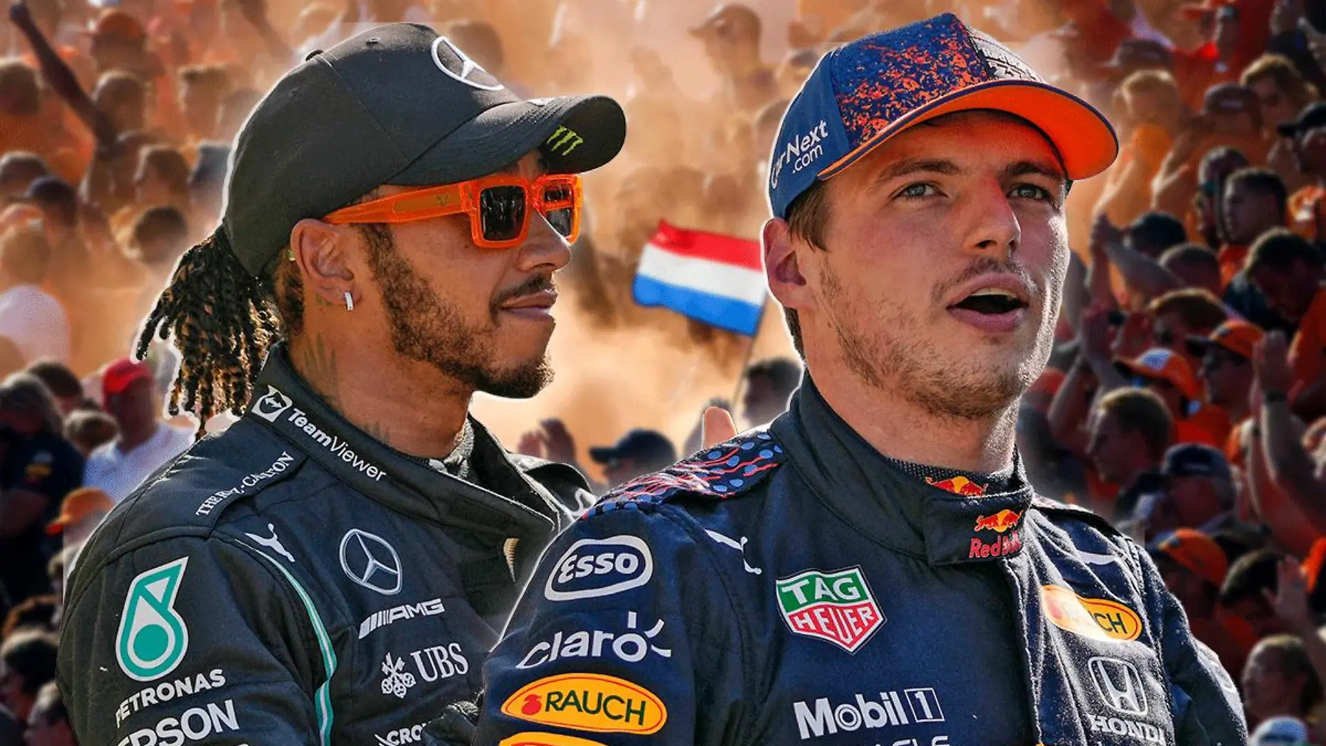 Bildkombo Lewis Hamilton und Max Verstappen vor Oranje-Fans.
