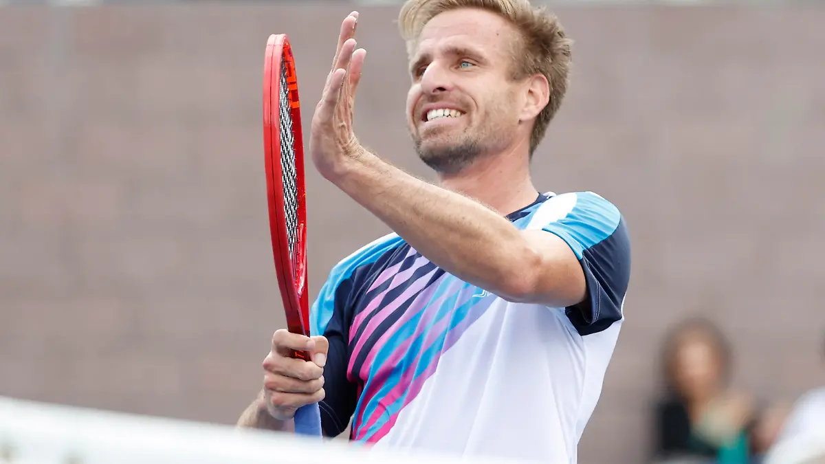 Sep 3, 2021; Flushing, NY, USA; Peter Gojowczyk of Germany celebrates after recording match point against Henri Laaksonen of Switzerland in a third round match on day five of the 2021 U.S. Open tennis tournament at USTA Billie Jean King National Tennis Center. Mandatory Credit: Jerry Lai-USA TODAY Sports
