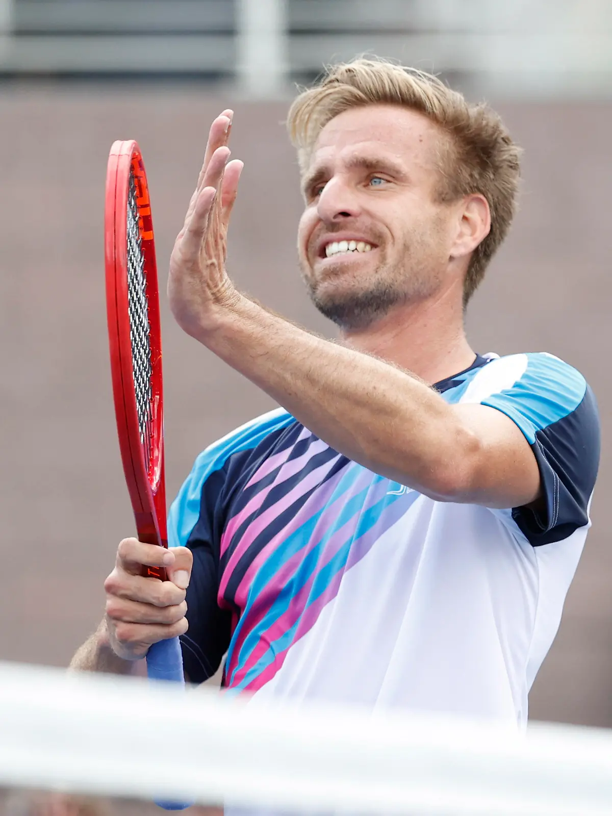 Sep 3, 2021; Flushing, NY, USA; Peter Gojowczyk of Germany celebrates after recording match point against Henri Laaksonen of Switzerland in a third round match on day five of the 2021 U.S. Open tennis tournament at USTA Billie Jean King National Tennis Center. Mandatory Credit: Jerry Lai-USA TODAY Sports