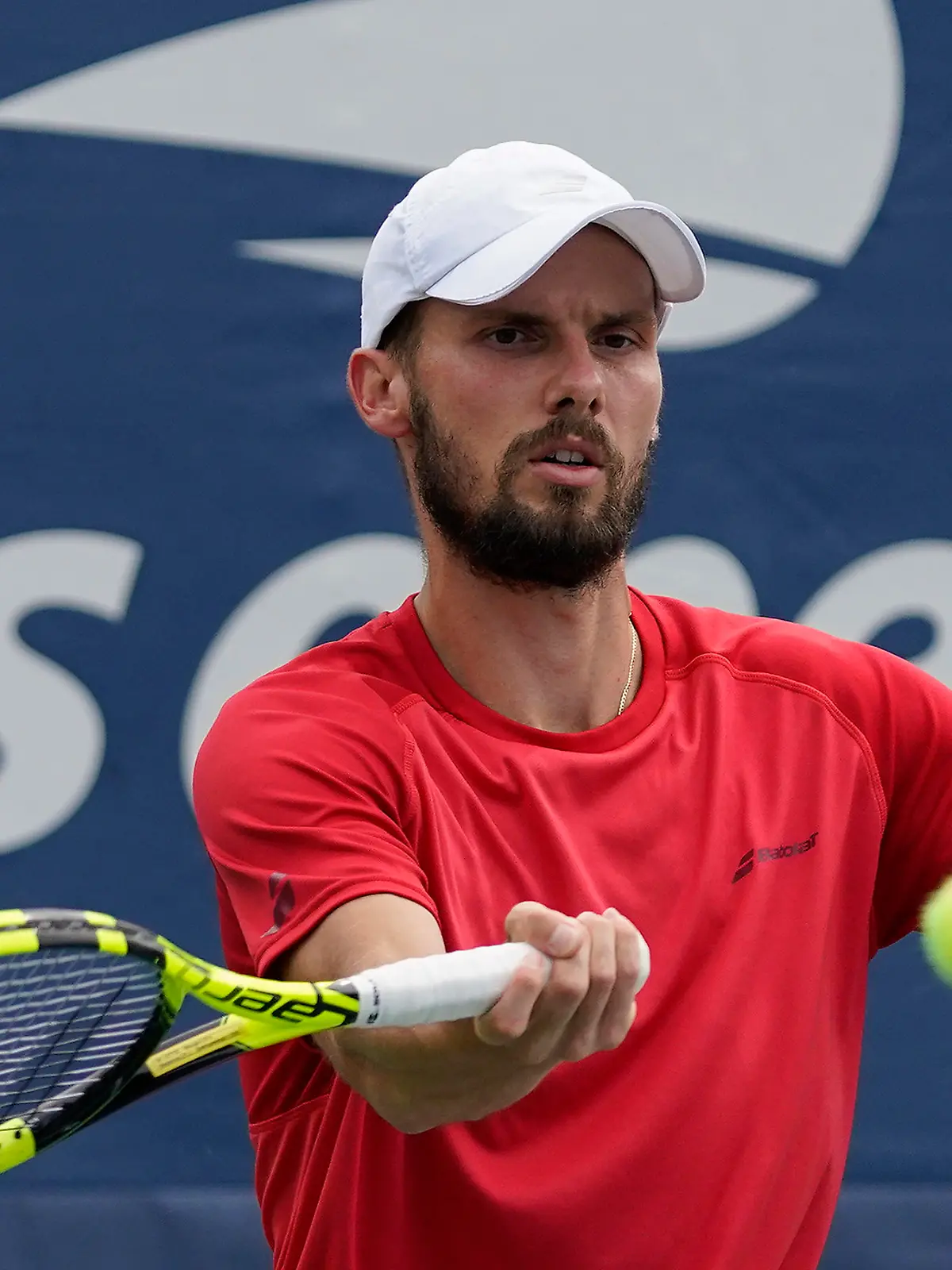 Oscar Otte, of Germany, returns a shot to Lorenzo Sonego, of Italy, during the first round of the US Open tennis championships, Tuesday, Aug. 31, 2021, in New York. (AP Photo/Seth Wenig)
