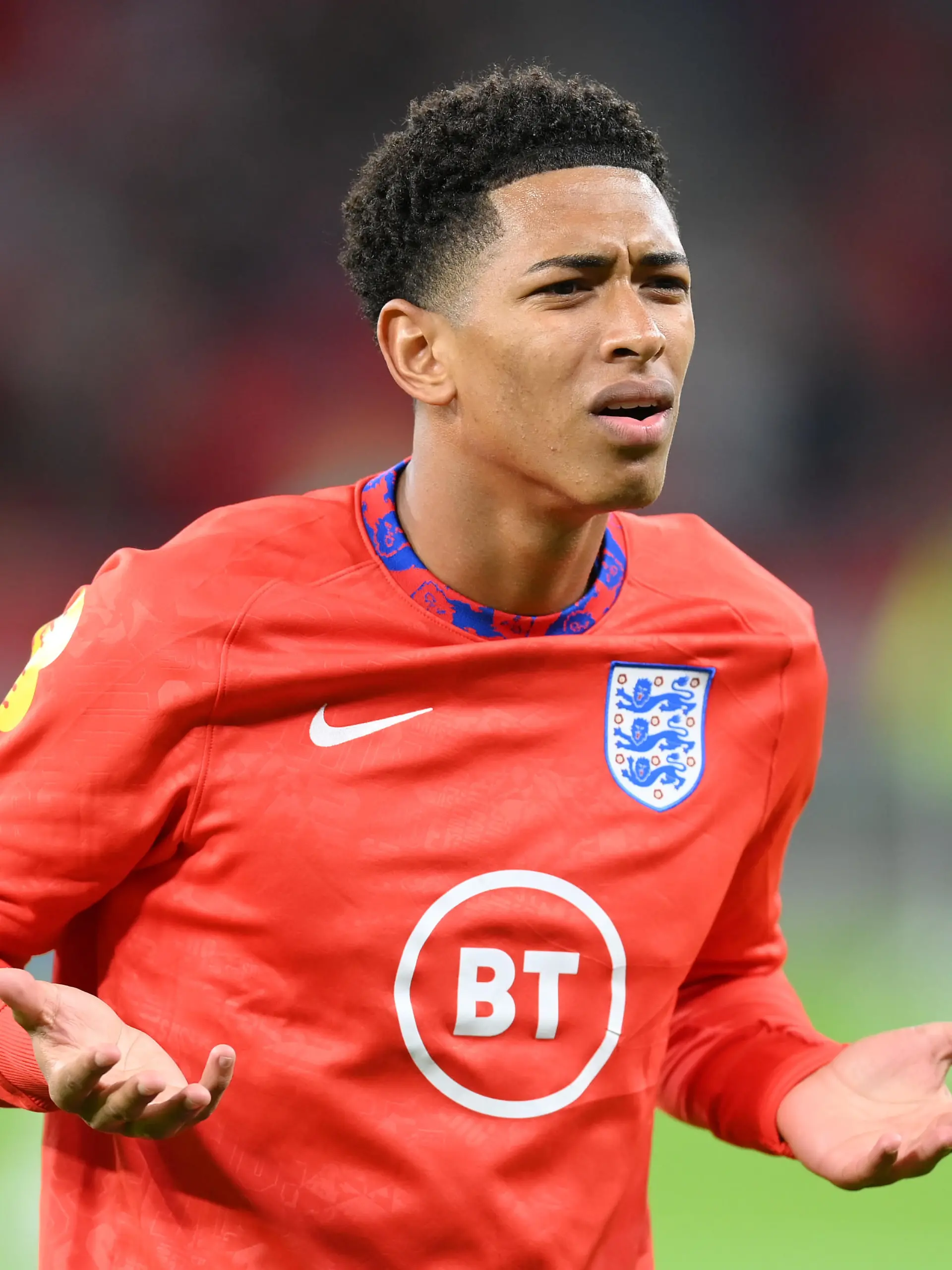 BUDAPEST, HUNGARY - SEPTEMBER 02: Jude Bellingham of England reacts prior to the 2022 FIFA World Cup Qualifier match between Hungary and England at Stadium Puskas Ferenc on September 02, 2021 in Budapest, Hungary. (Photo by Michael Regan/Getty Images)