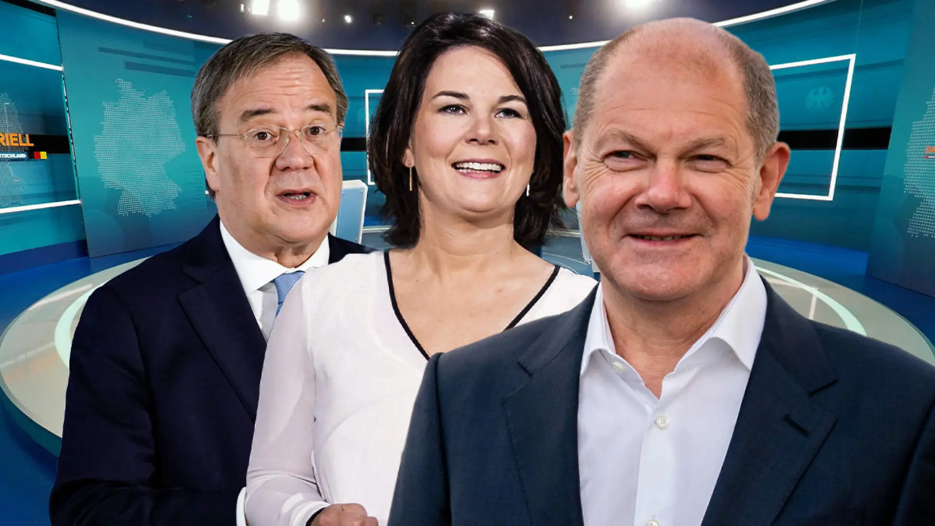 Olaf Scholz, Annalena Baerbock und Armin Laschet im Triell auf RTL am 29.08.2021 (Kollage)