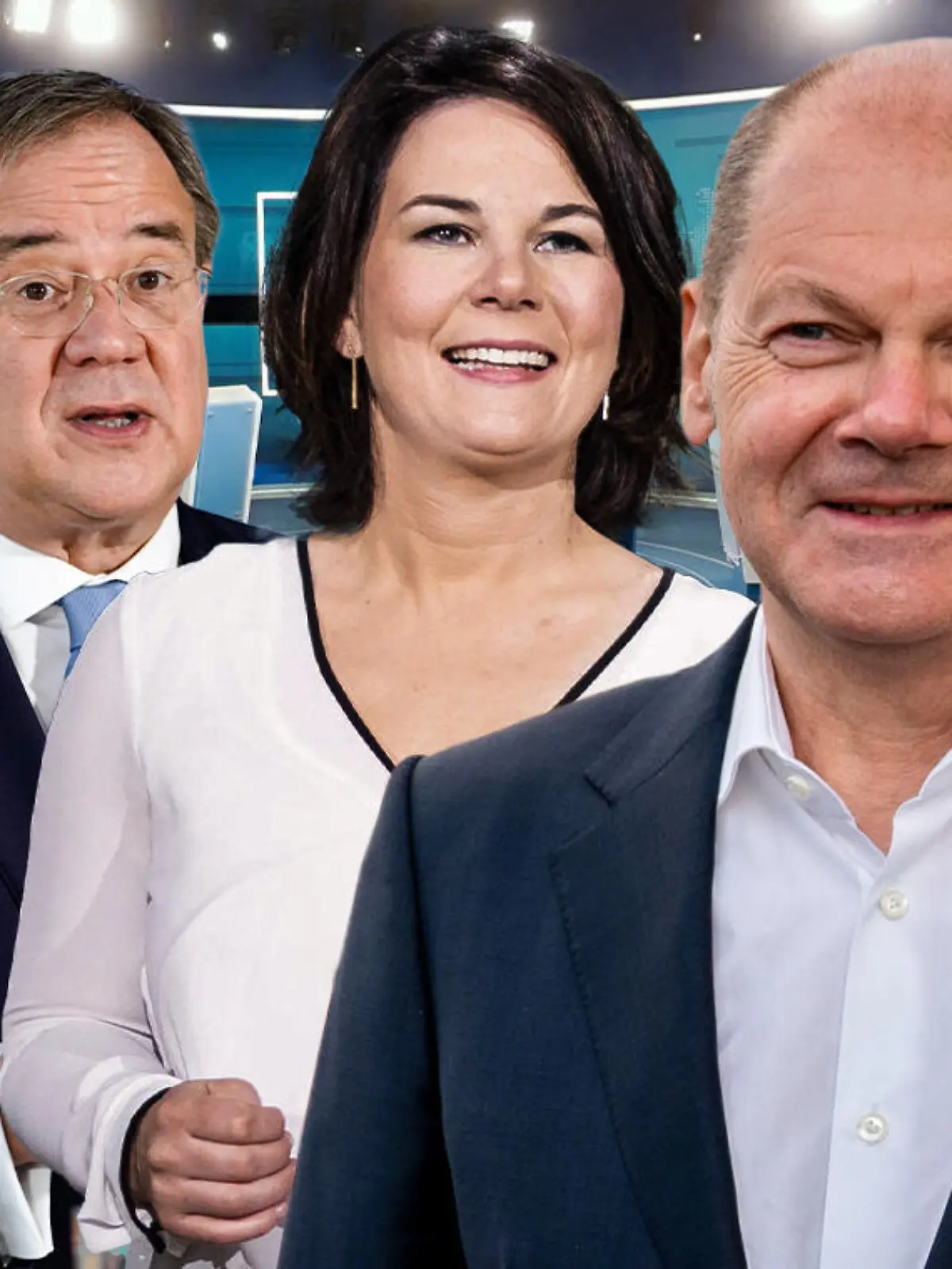 Olaf Scholz, Annalena Baerbock und Armin Laschet im Triell auf RTL am 29.08.2021 (Kollage)