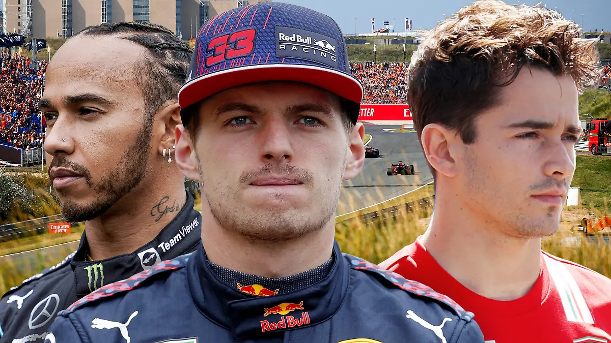 Bildkombo Lewis Hamilton, Max Verstappen und Charles Leclerc (v.l.n.r.) vor dem Hintergrund der Rennstrecke in Zandvoort