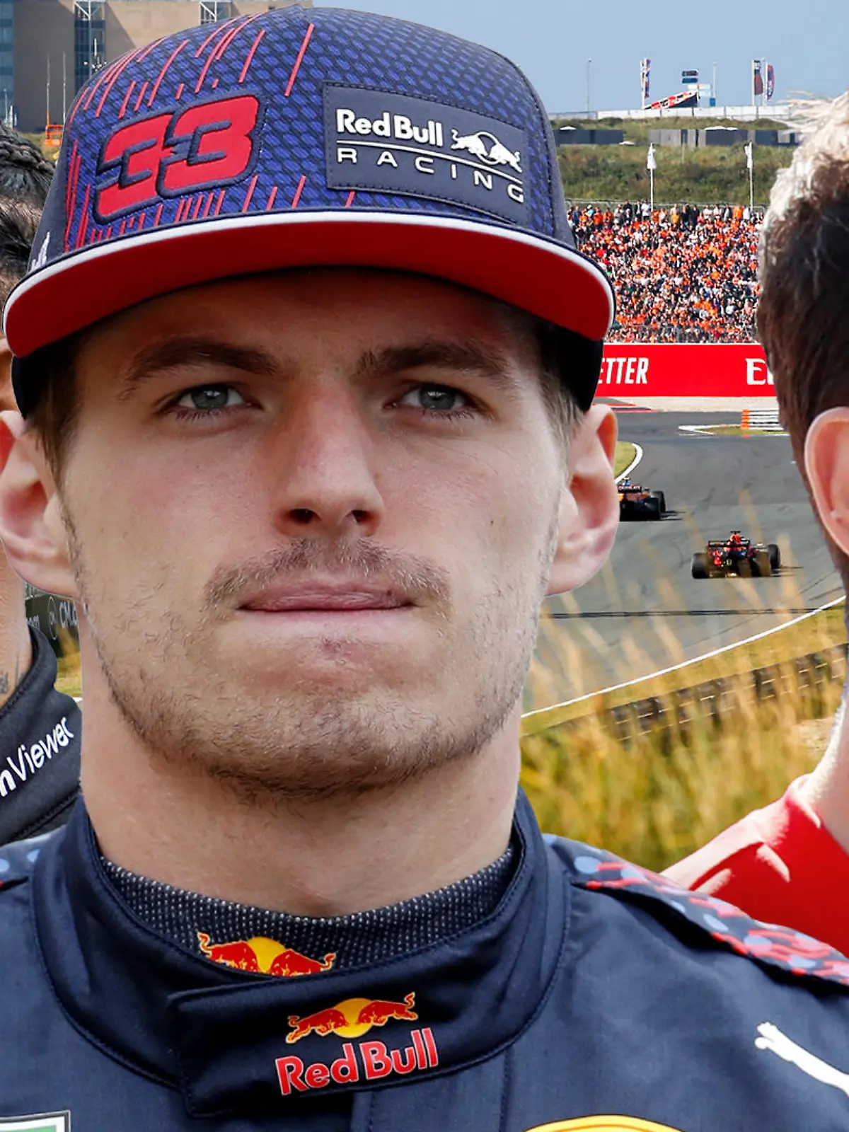 Bildkombo Lewis Hamilton, Max Verstappen und Charles Leclerc (v.l.n.r.) vor dem Hintergrund der Rennstrecke in Zandvoort