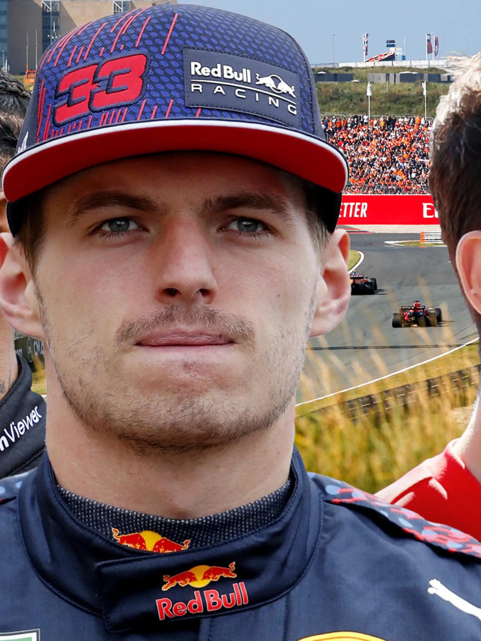 Bildkombo Lewis Hamilton, Max Verstappen und Charles Leclerc (v.l.n.r.) vor dem Hintergrund der Rennstrecke in Zandvoort