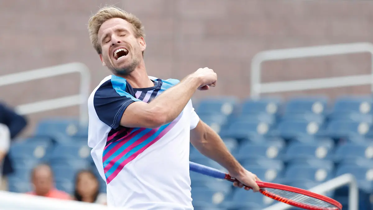 Sep 3, 2021; Flushing, NY, USA; Peter Gojowczyk of Germany celebrates after recording match point against Henri Laaksonen of Switzerland in a third round match on day five of the 2021 U.S. Open tennis tournament at USTA Billie Jean King National Tennis Center. Mandatory Credit: Jerry Lai-USA TODAY Sports