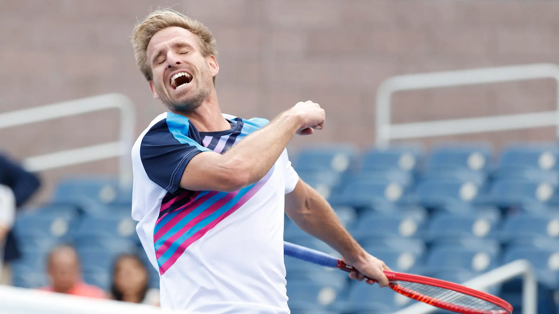 Sep 3, 2021; Flushing, NY, USA; Peter Gojowczyk of Germany celebrates after recording match point against Henri Laaksonen of Switzerland in a third round match on day five of the 2021 U.S. Open tennis tournament at USTA Billie Jean King National Tennis Center. Mandatory Credit: Jerry Lai-USA TODAY Sports