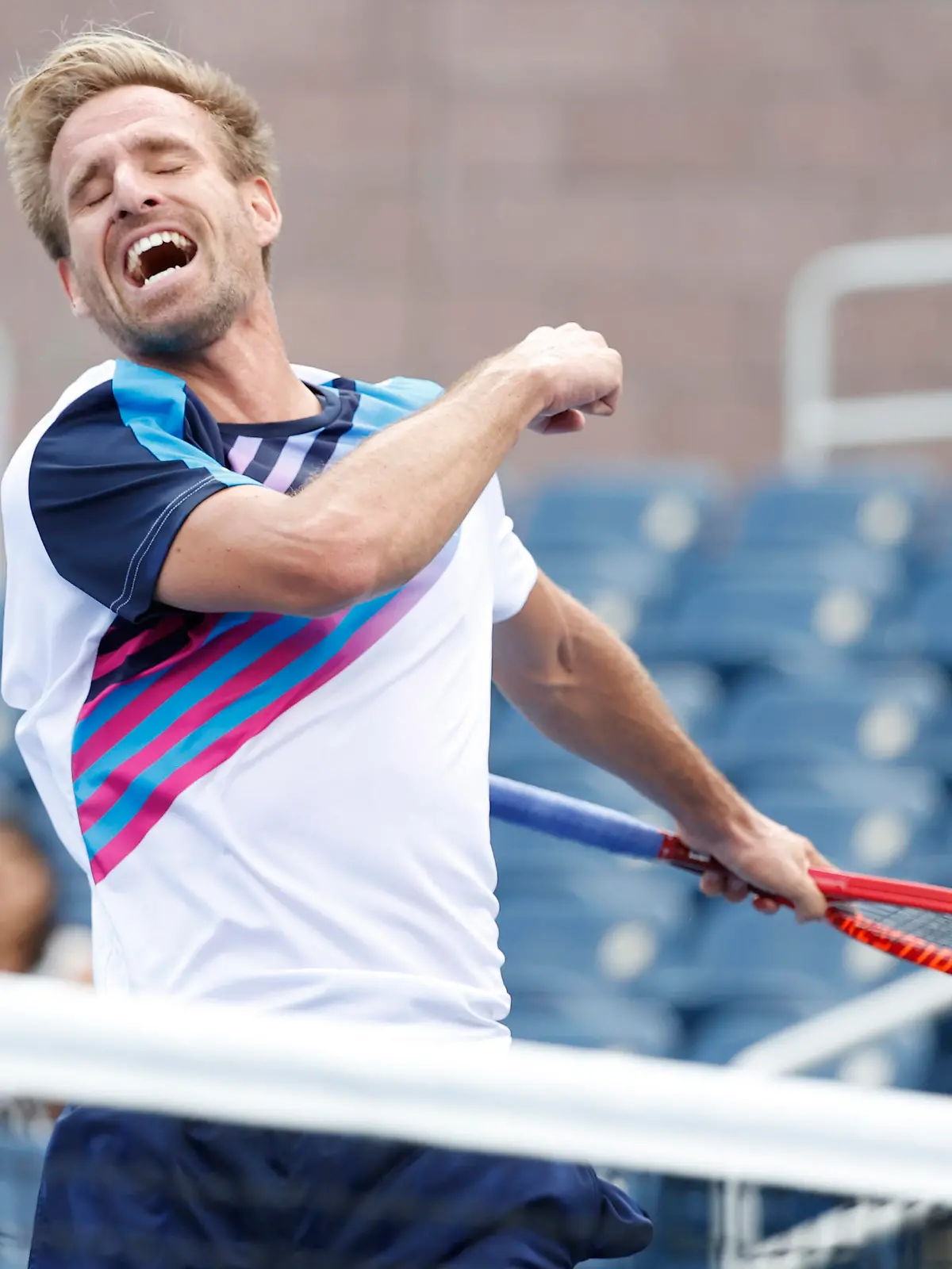Sep 3, 2021; Flushing, NY, USA; Peter Gojowczyk of Germany celebrates after recording match point against Henri Laaksonen of Switzerland in a third round match on day five of the 2021 U.S. Open tennis tournament at USTA Billie Jean King National Tennis Center. Mandatory Credit: Jerry Lai-USA TODAY Sports