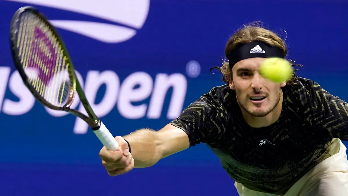 Stefanos Tsitsipas, of Greece, returns a shot against Adrian Mannarino, of France, during the second round of the US Open tennis championships, Wednesday, Sept. 1, 2021, in New York. (AP Photo/Frank Franklin II)